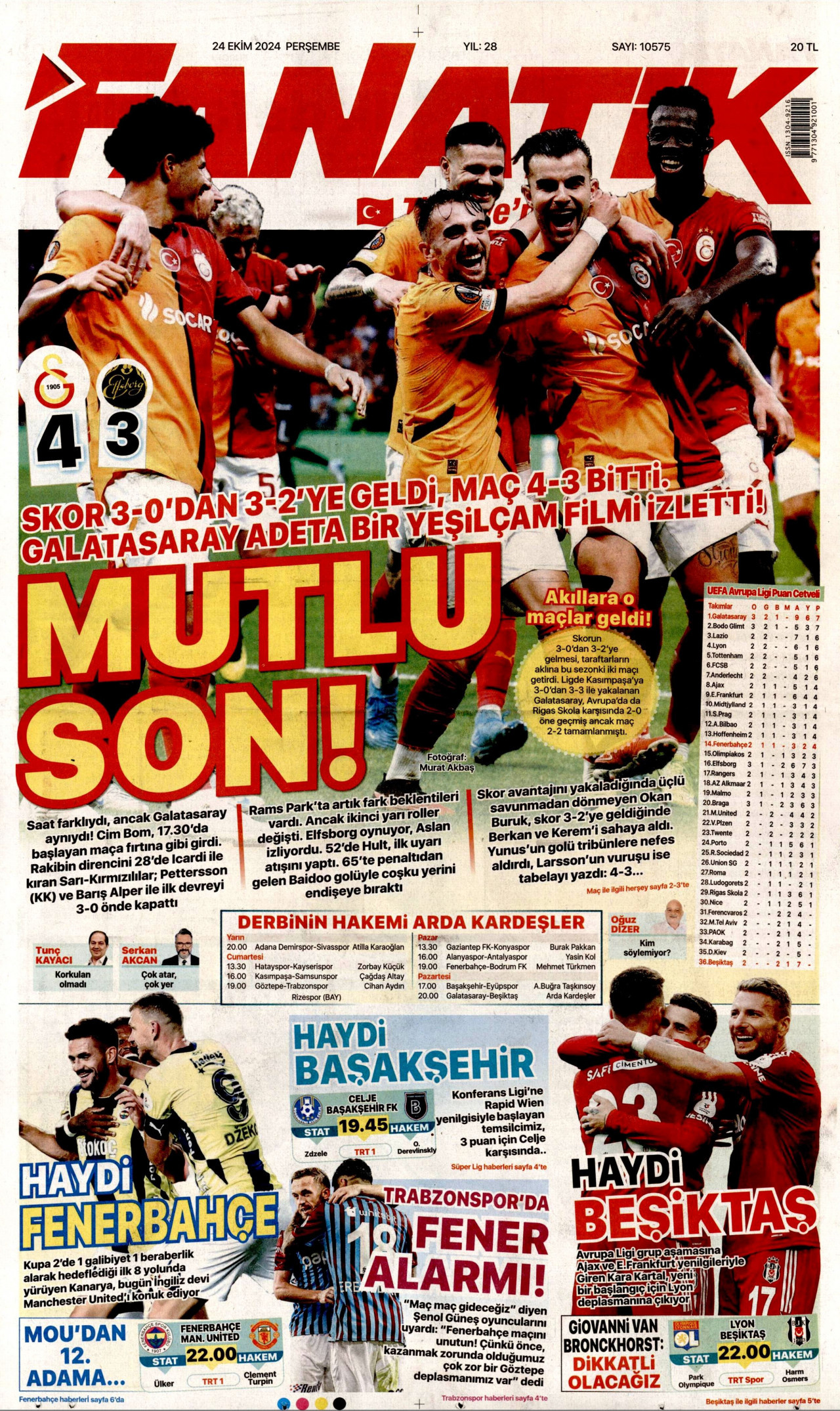 FANATİK gazetesinin 24 Ekim 2024 tarihli birinci sayfası