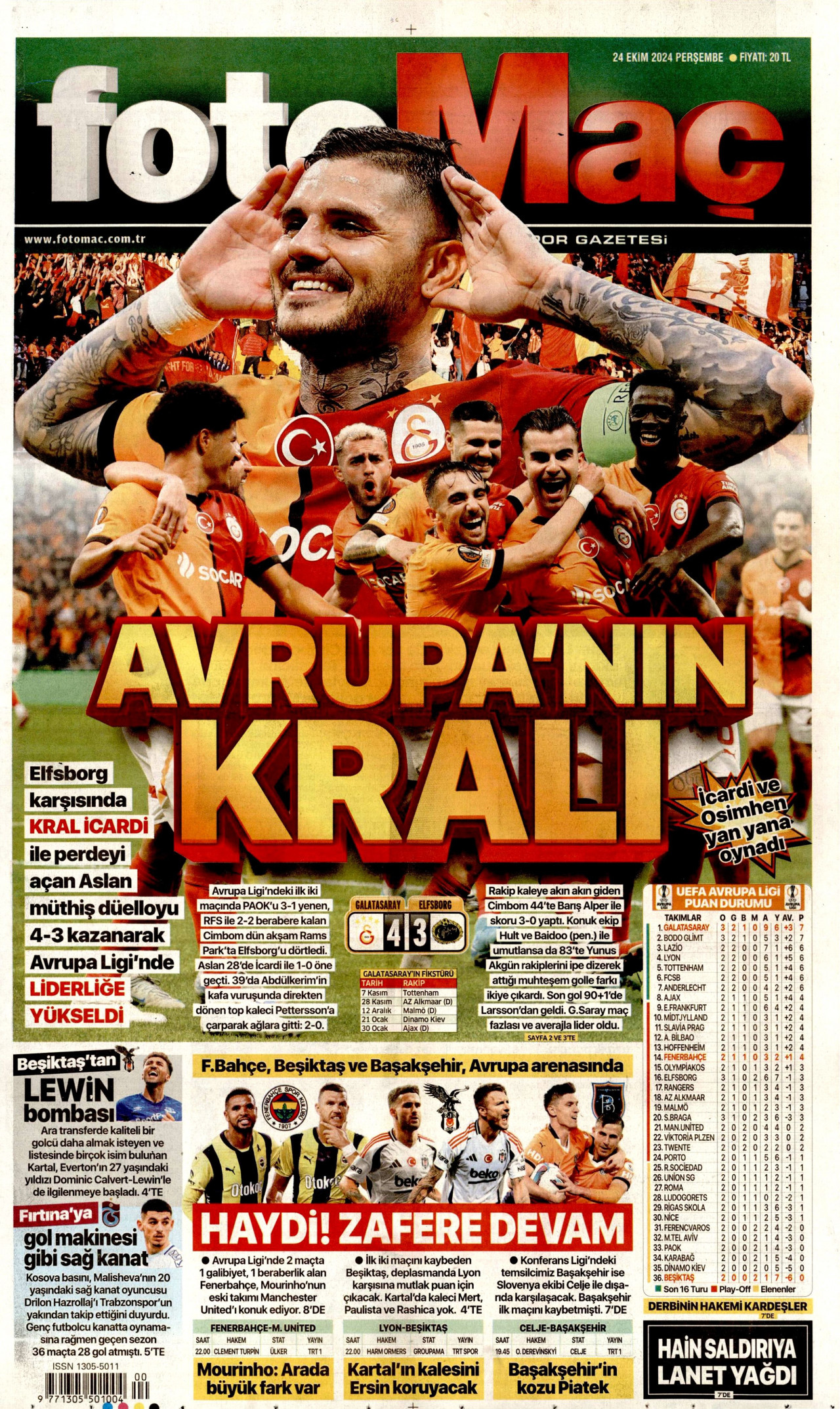 FOTOMAÇ gazetesinin 24 Ekim 2024 tarihli birinci sayfası