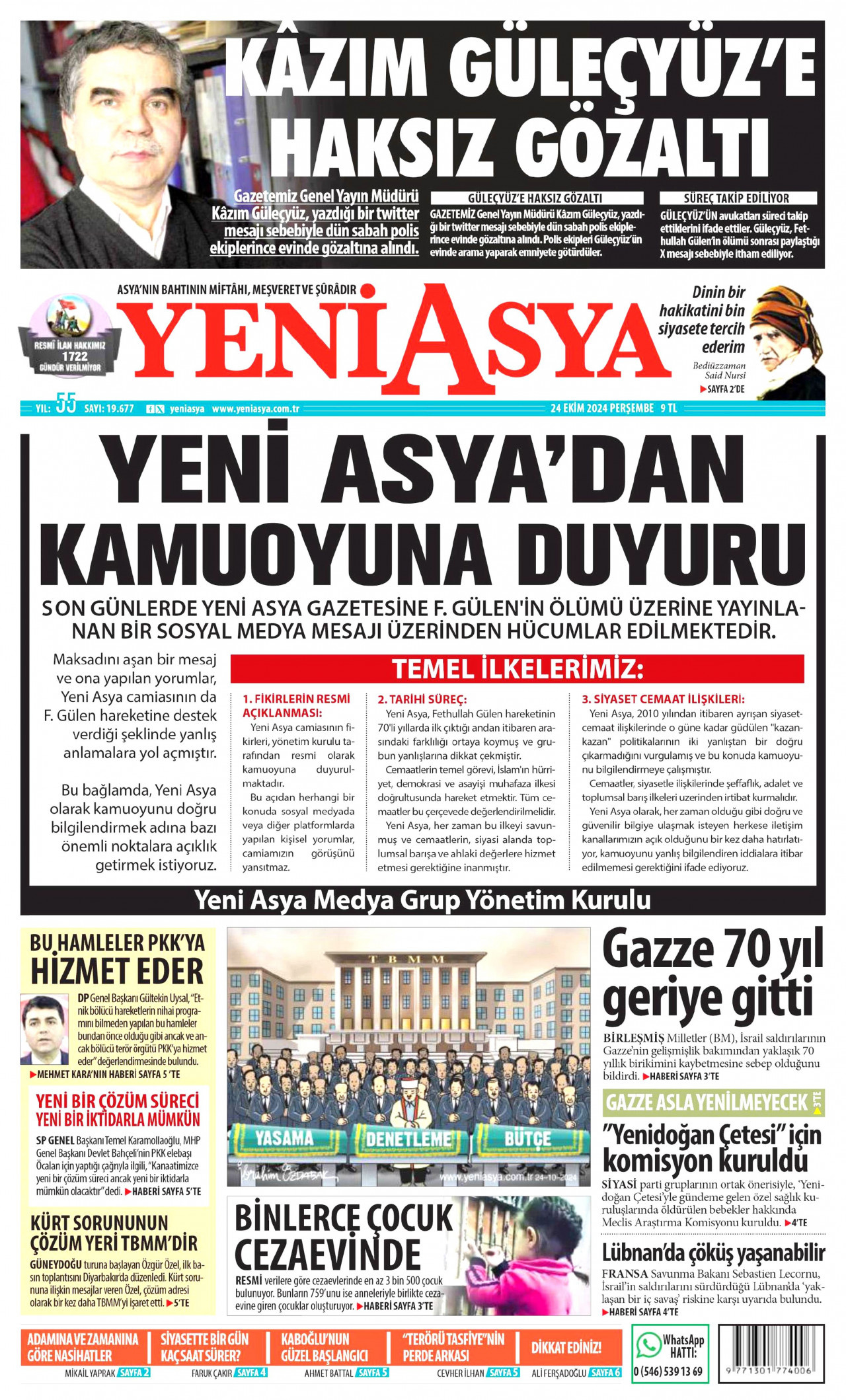 YENİ ASYA gazetesinin 24 Ekim 2024 tarihli birinci sayfası