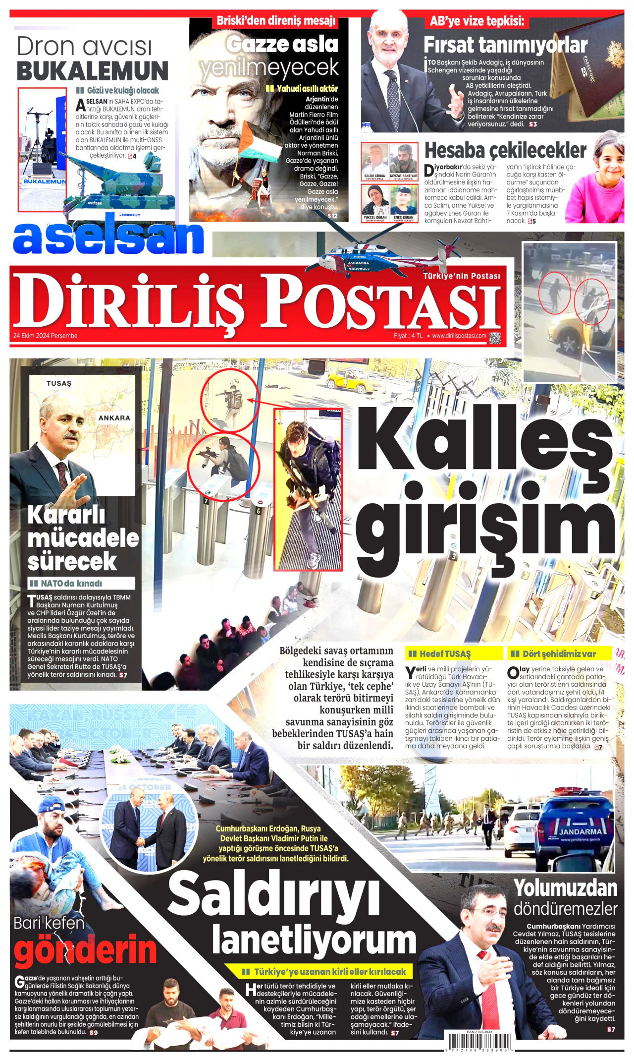 DİRİLİŞ POSTASI gazetesinin 24 Ekim 2024 tarihli birinci sayfası