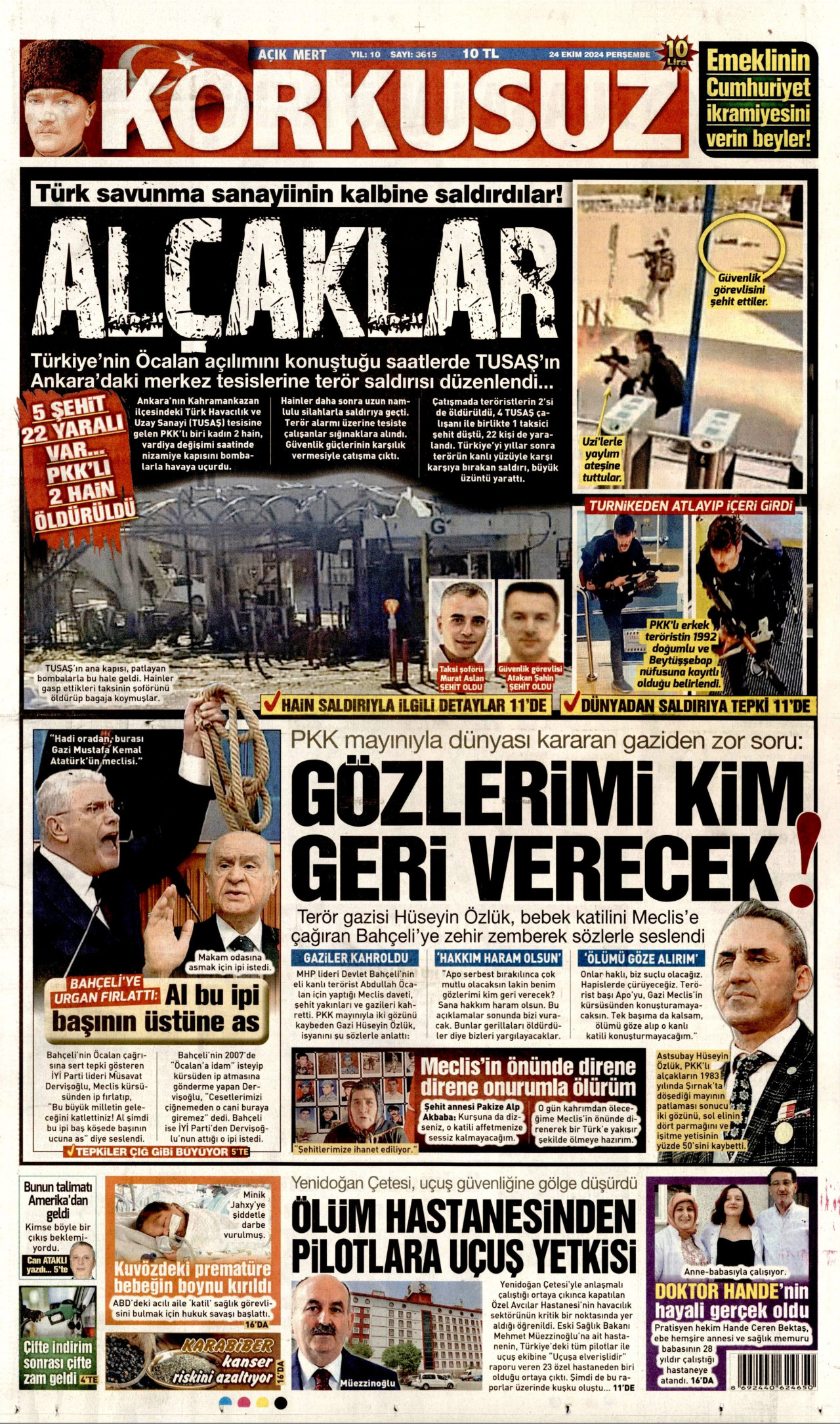 KORKUSUZ gazetesinin 24 Ekim 2024 tarihli birinci sayfası