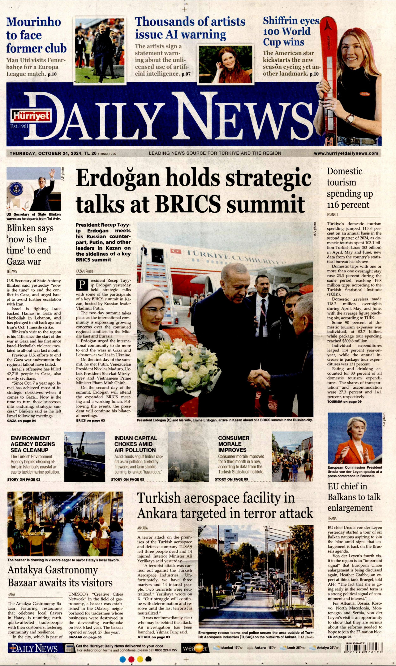 HÜRRİYET DAİLY NEWS gazetesinin 24 Ekim 2024 tarihli birinci sayfası