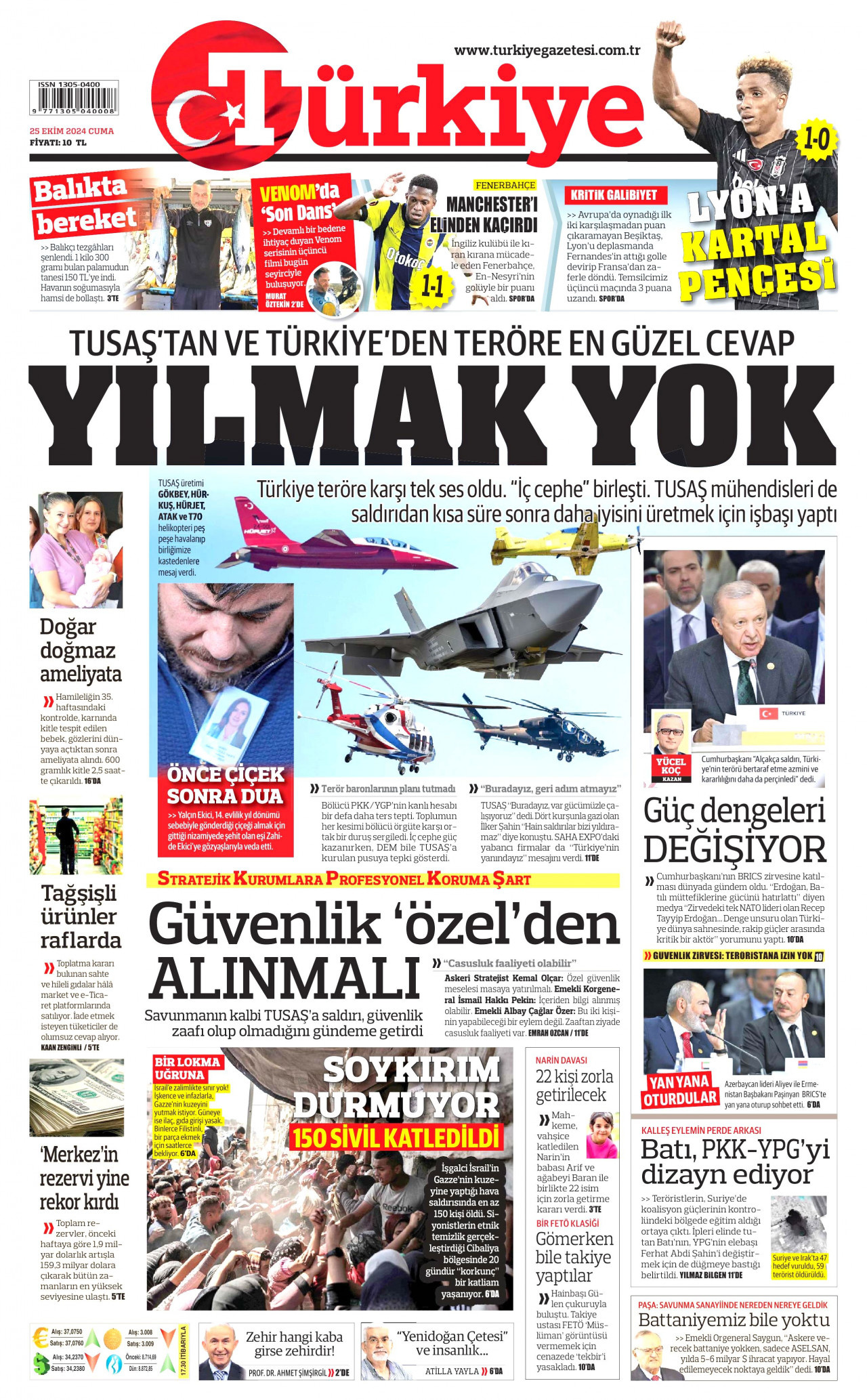 TÜRKİYE GAZETESİ gazetesinin 25 Ekim 2024 tarihli birinci sayfası