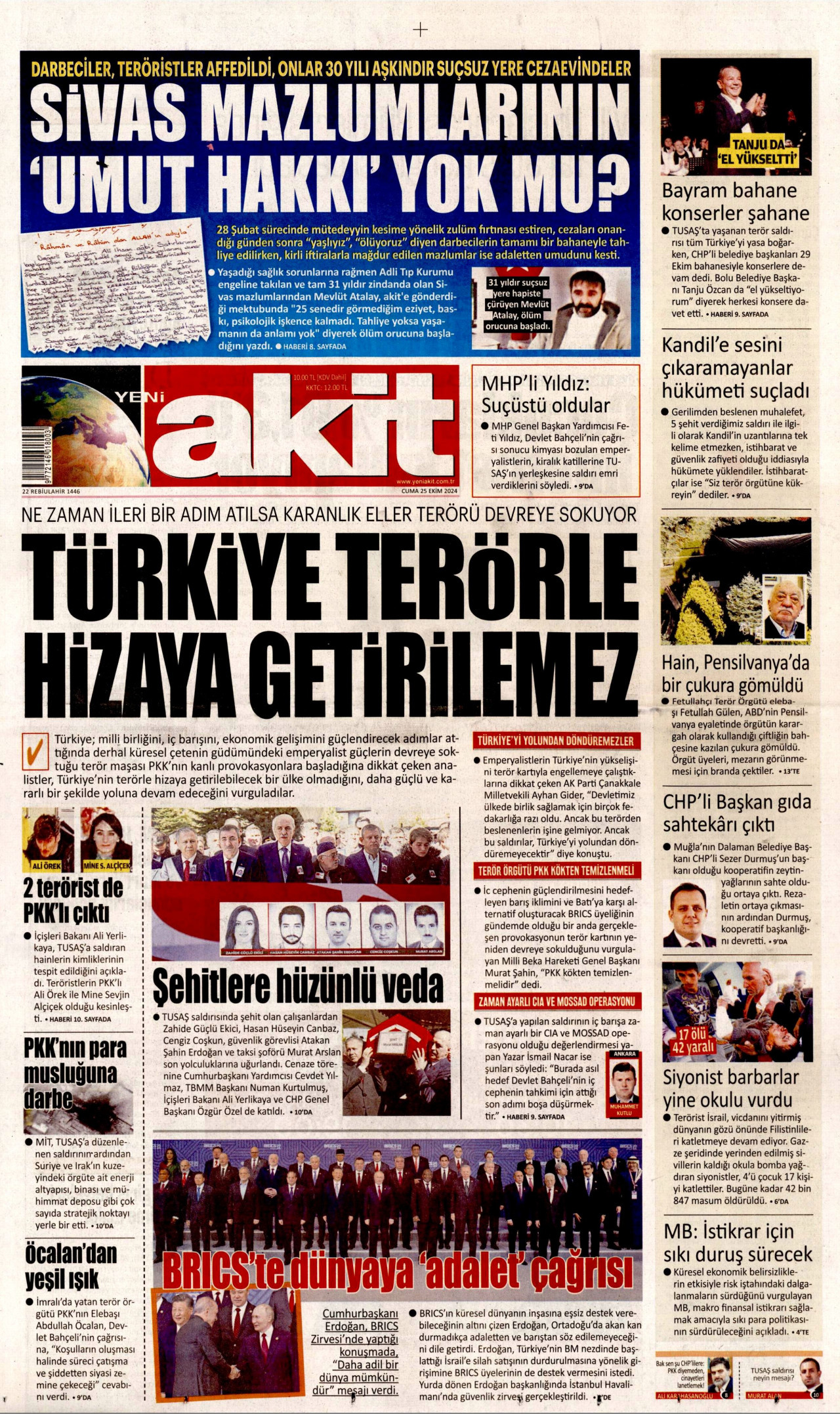 YENİ AKİT gazetesinin 25 Ekim 2024 tarihli birinci sayfası