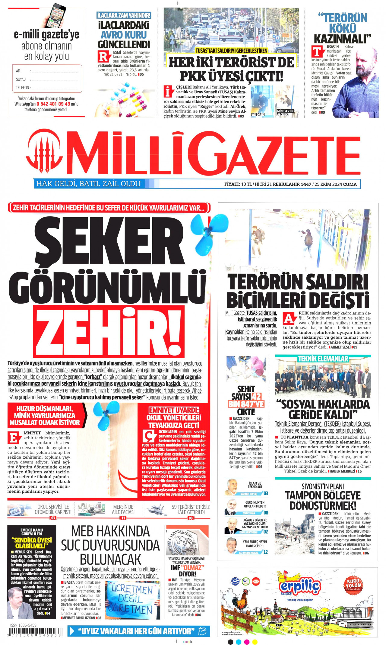 MİLLİ GAZETE gazetesinin 25 Ekim 2024 tarihli birinci sayfası