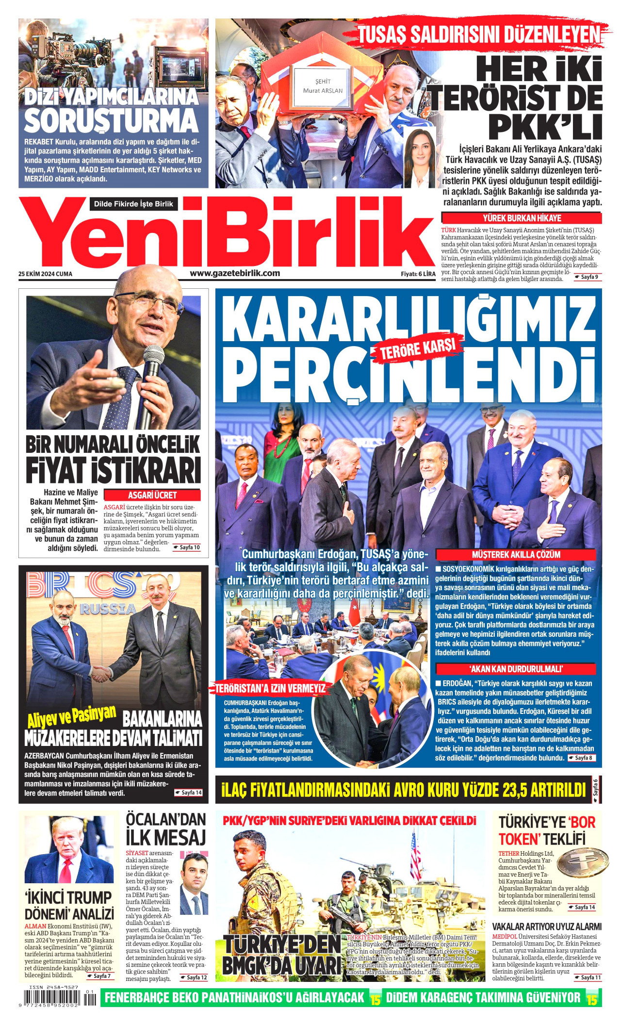 YENİBİRLİK gazetesinin 25 Ekim 2024 tarihli birinci sayfası