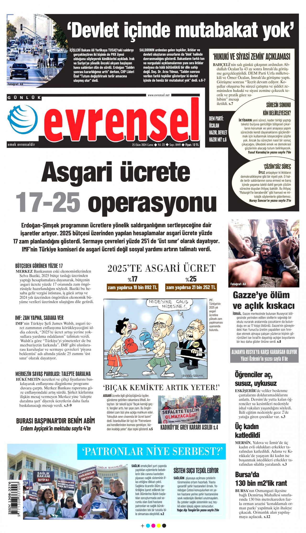 EVRENSEL gazetesinin 25 Ekim 2024 tarihli birinci sayfası