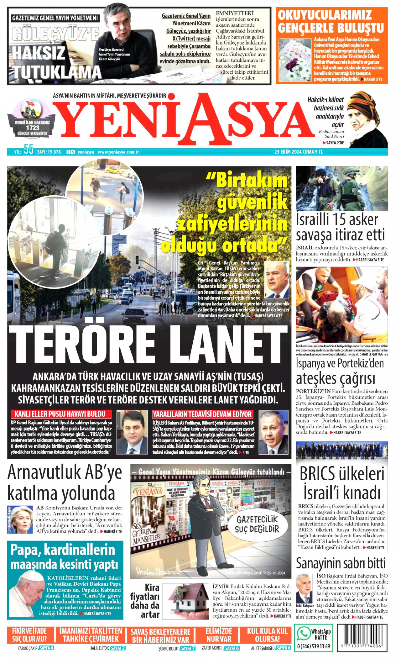 YENİ ASYA gazetesinin 25 Ekim 2024 tarihli birinci sayfası