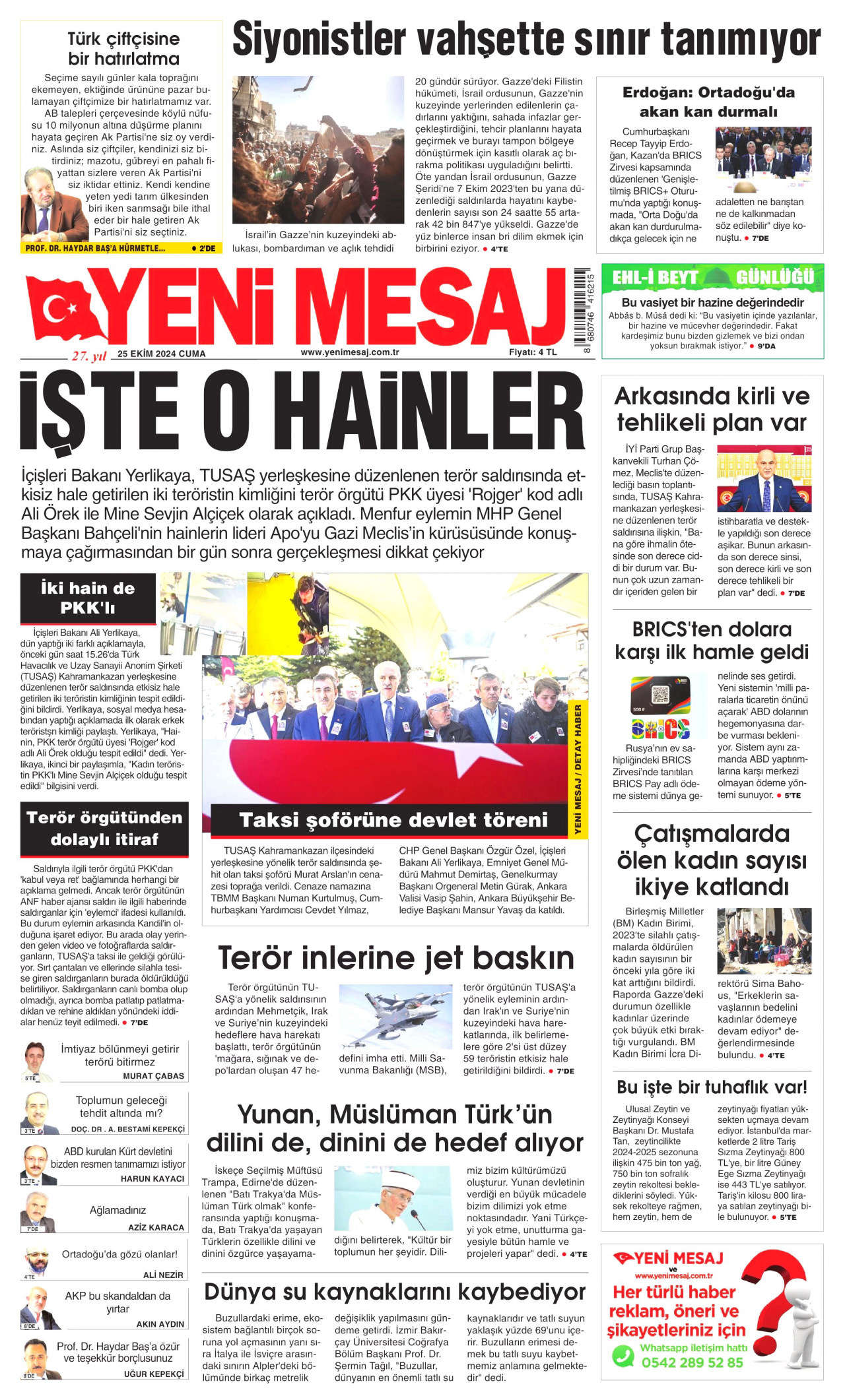 YENİ MESAJ gazetesinin 25 Ekim 2024 tarihli birinci sayfası