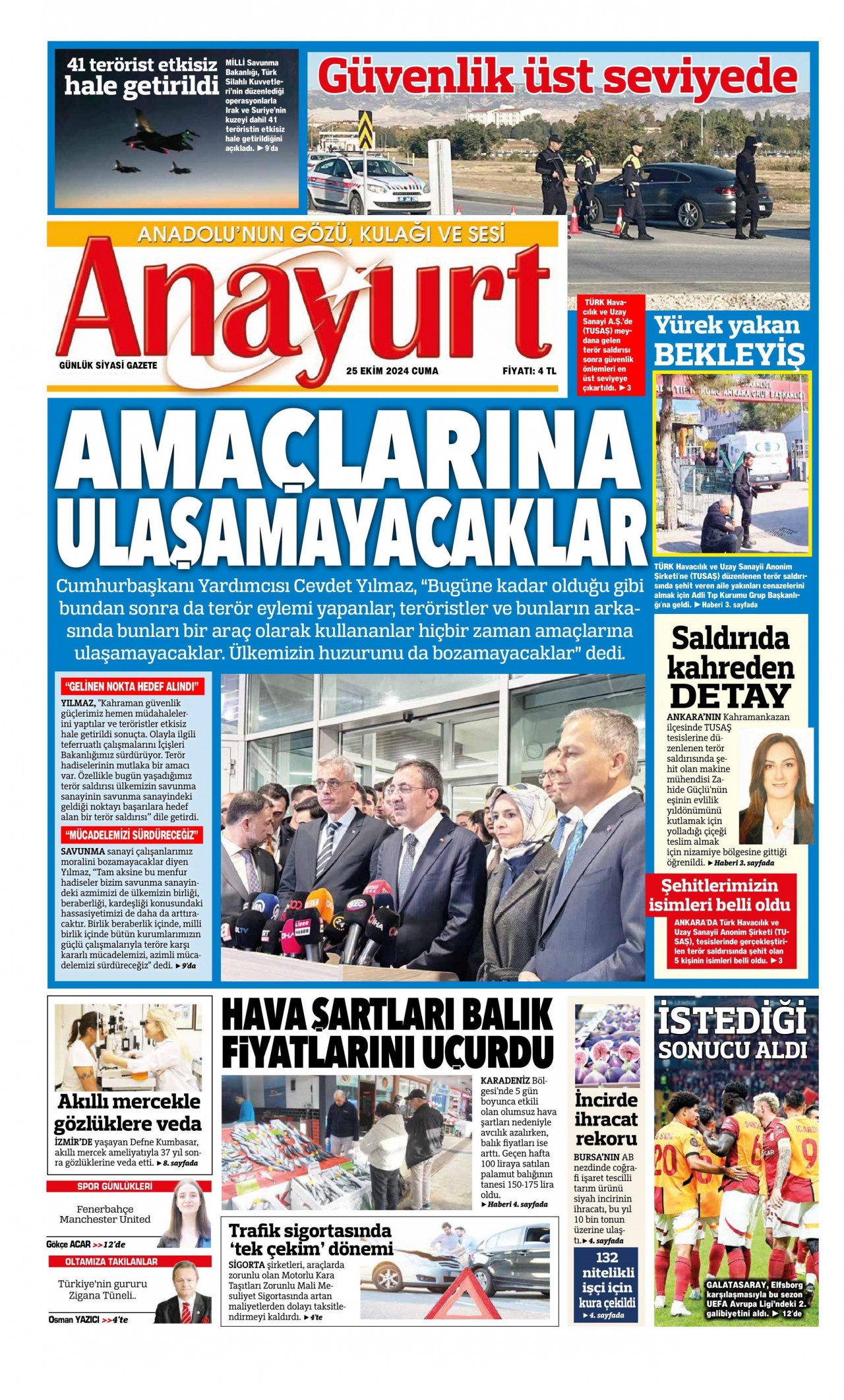 ANAYURT gazetesinin 25 Ekim 2024 tarihli birinci sayfası