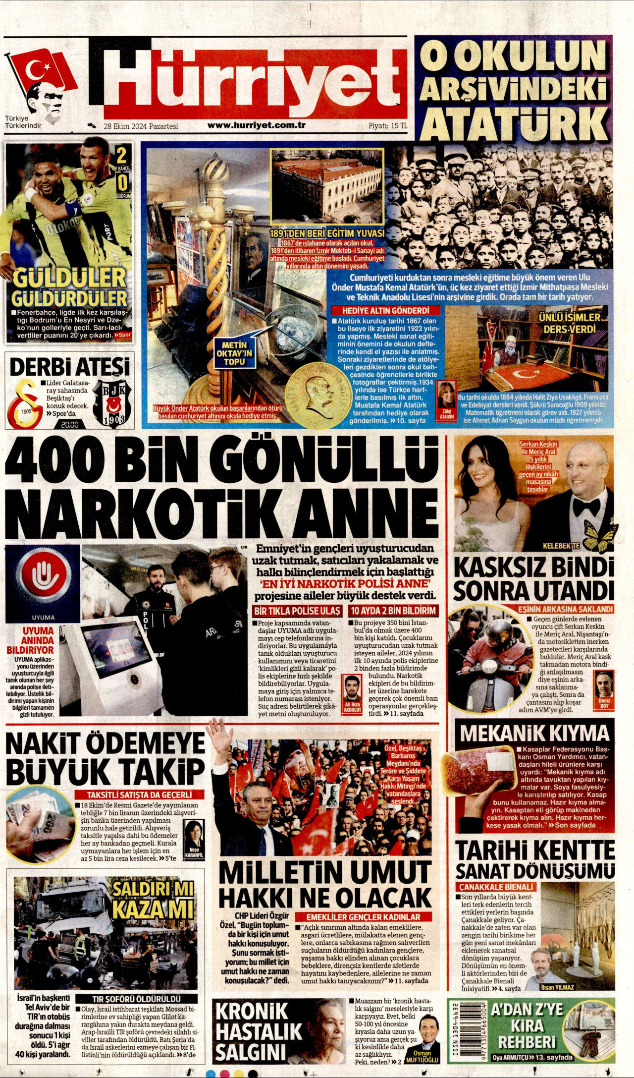 HÜRRİYET gazetesinin 28 Ekim 2024 tarihli birinci sayfası
