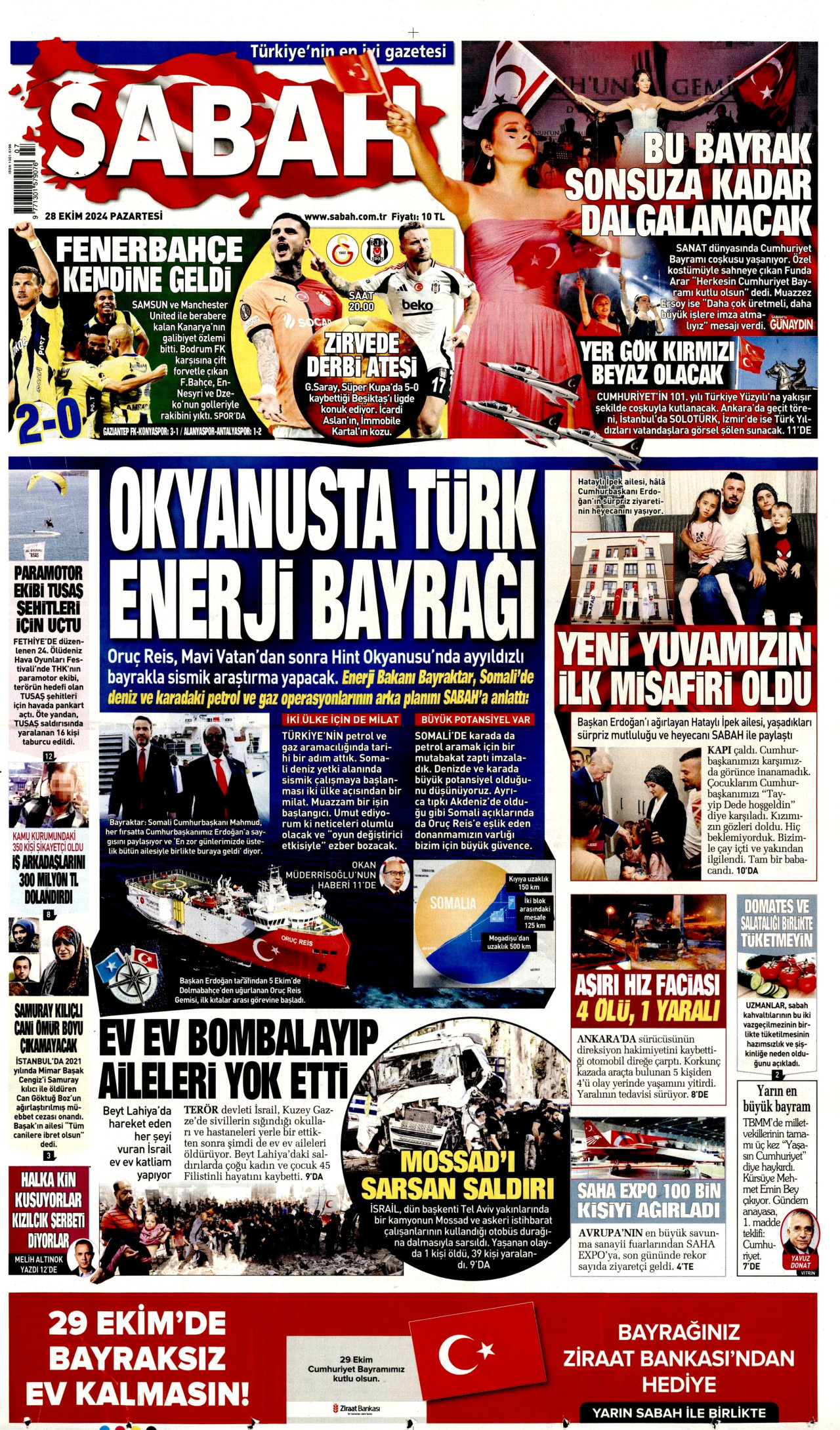 SABAH gazetesinin 28 Ekim 2024 tarihli birinci sayfası