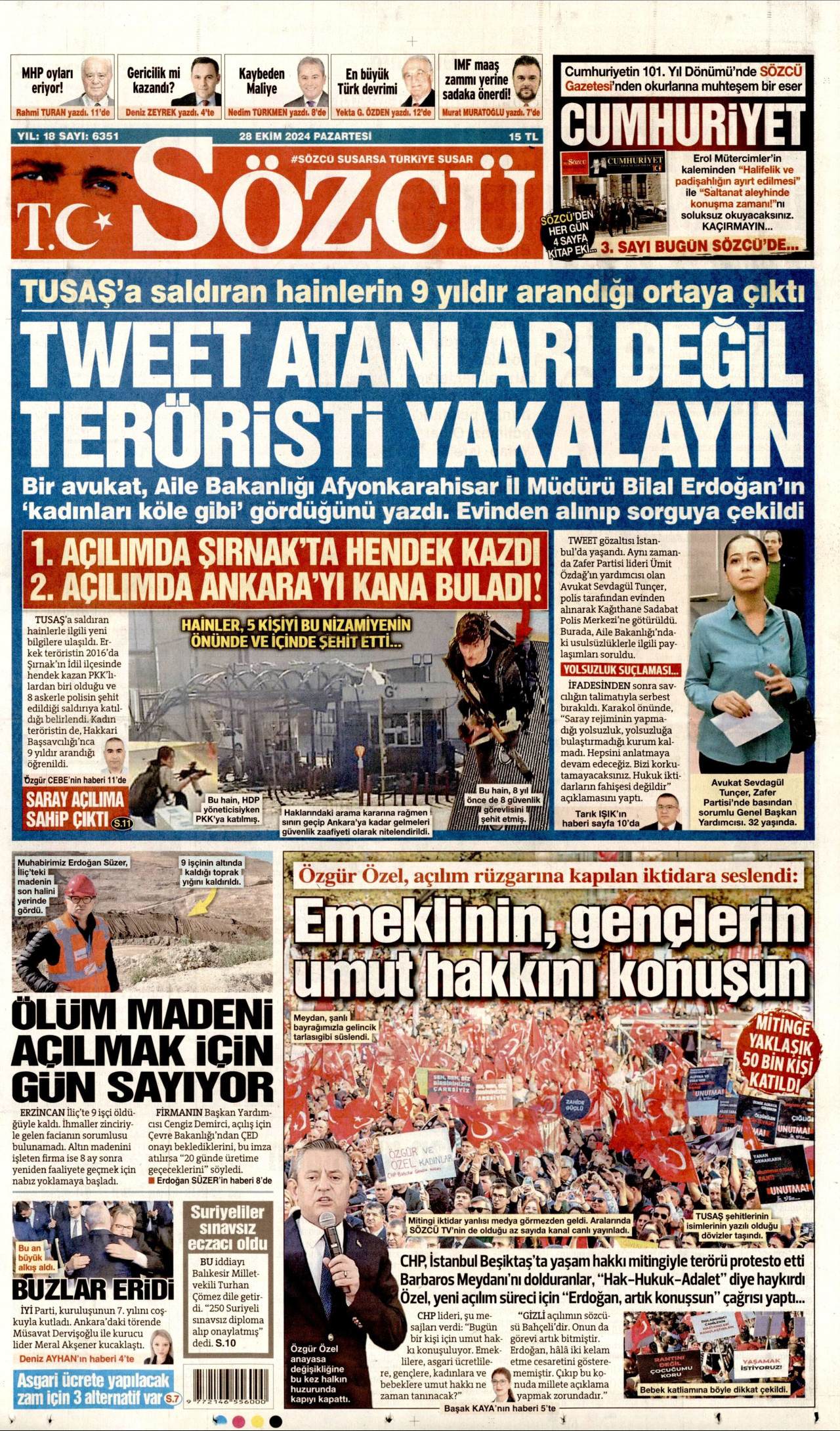SÖZCÜ gazetesinin 28 Ekim 2024 tarihli birinci sayfası