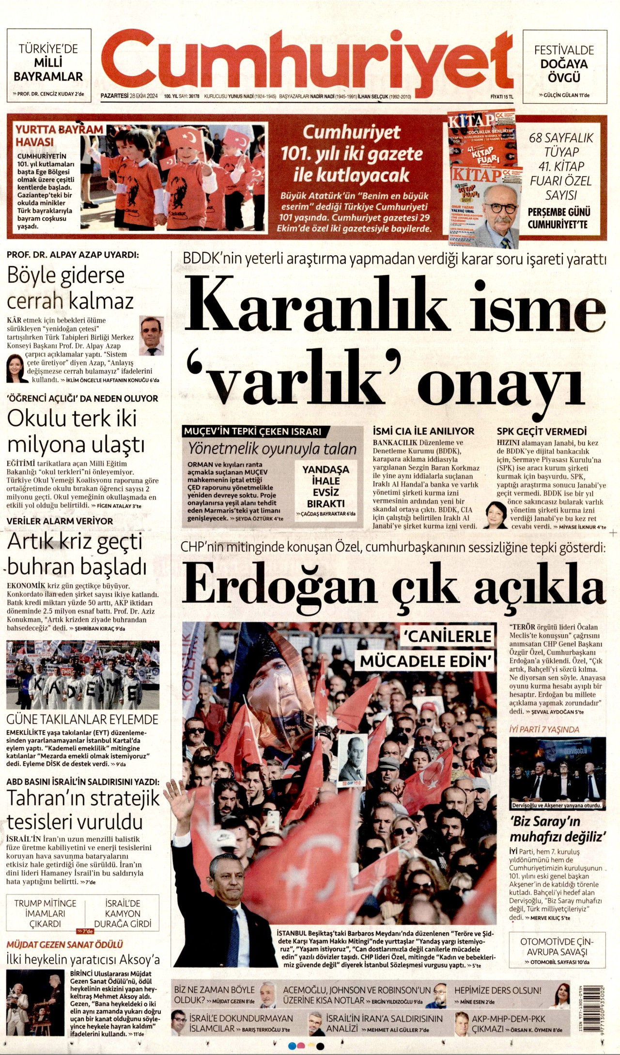 CUMHURİYET gazetesinin 28 Ekim 2024 tarihli birinci sayfası