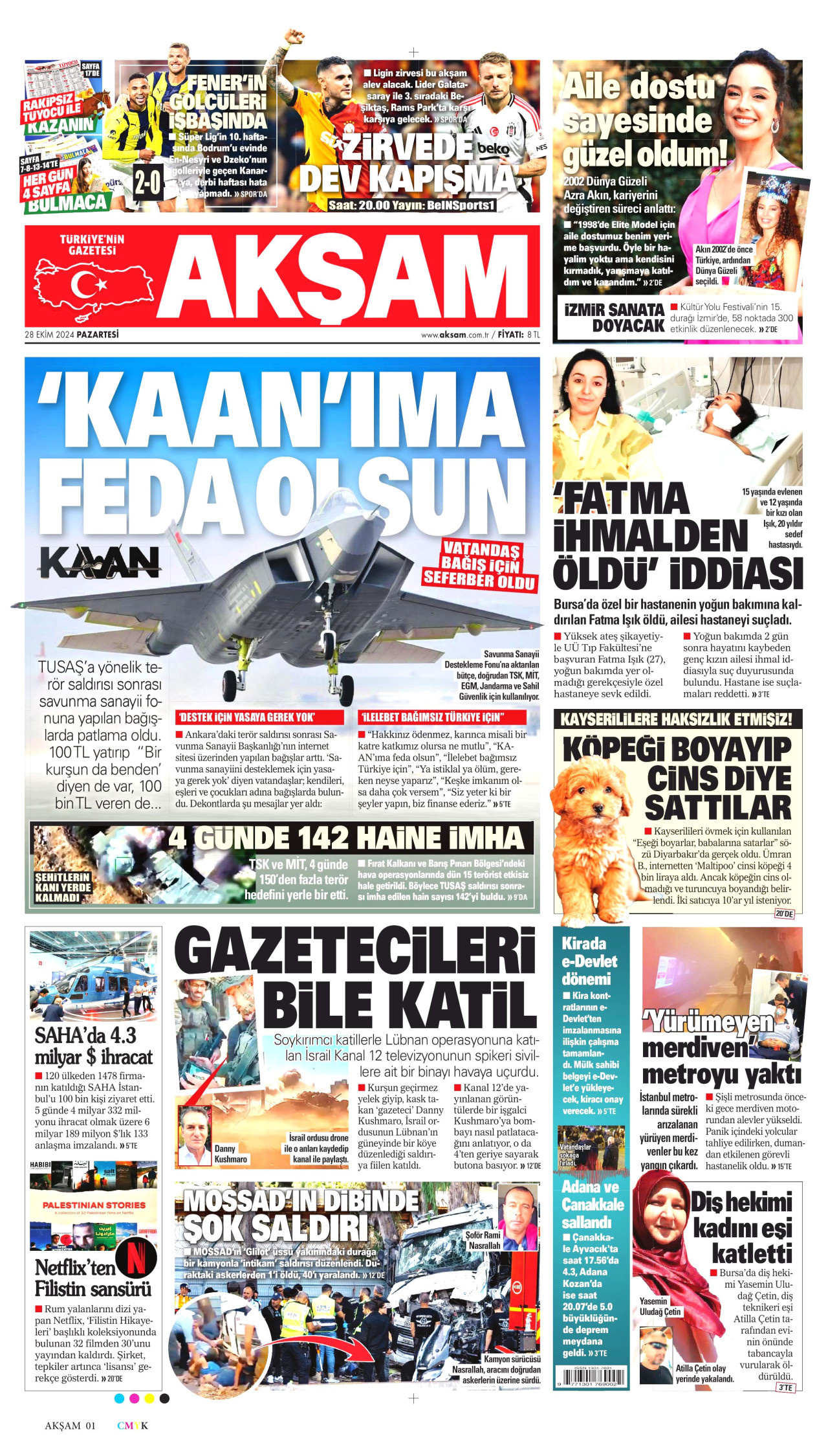 AKŞAM gazetesinin 28 Ekim 2024 tarihli birinci sayfası
