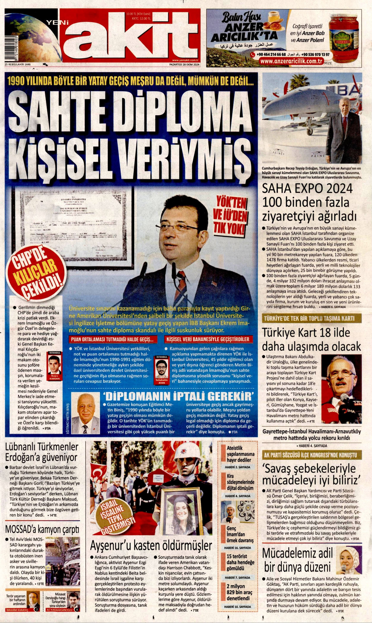YENİ AKİT gazetesinin 28 Ekim 2024 tarihli birinci sayfası