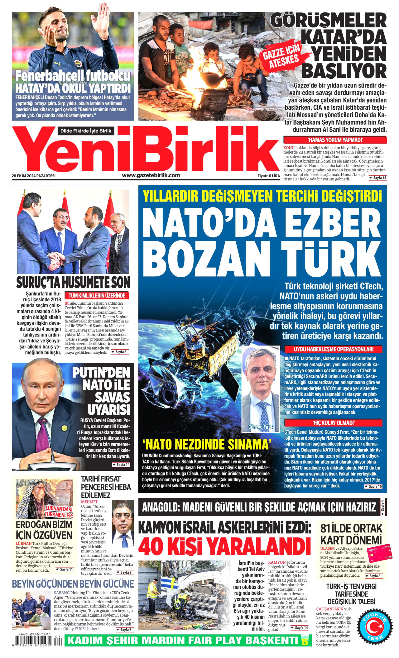 YENİBİRLİK gazetesinin 28 Ekim 2024 tarihli birinci sayfası