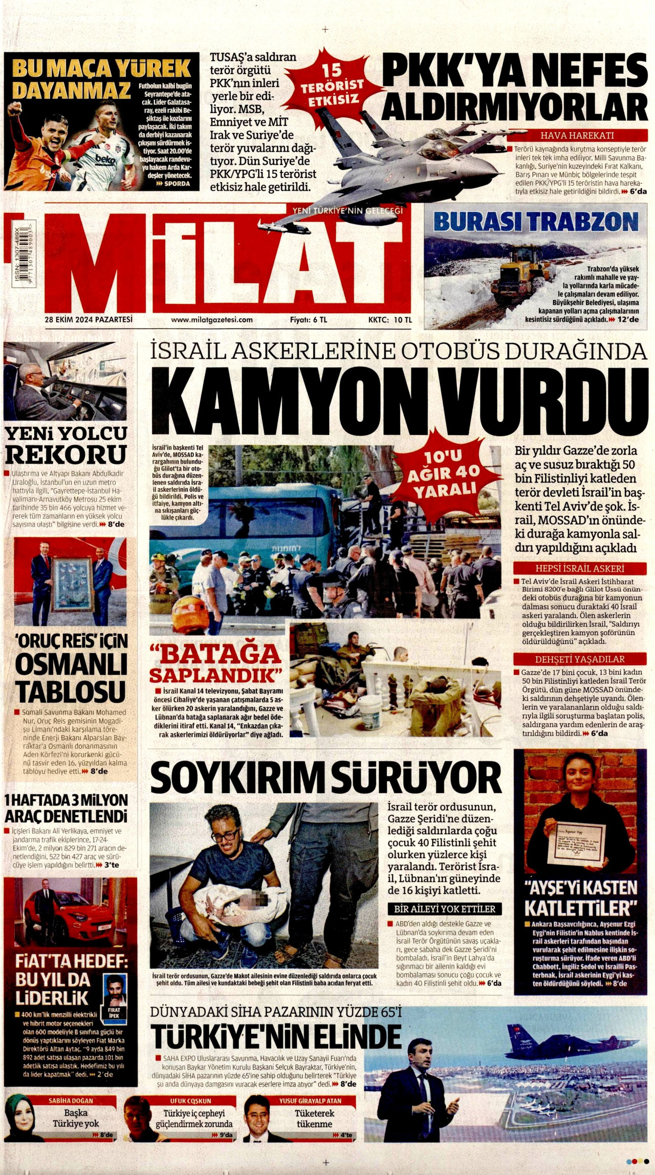MİLAT gazetesinin 28 Ekim 2024 tarihli birinci sayfası