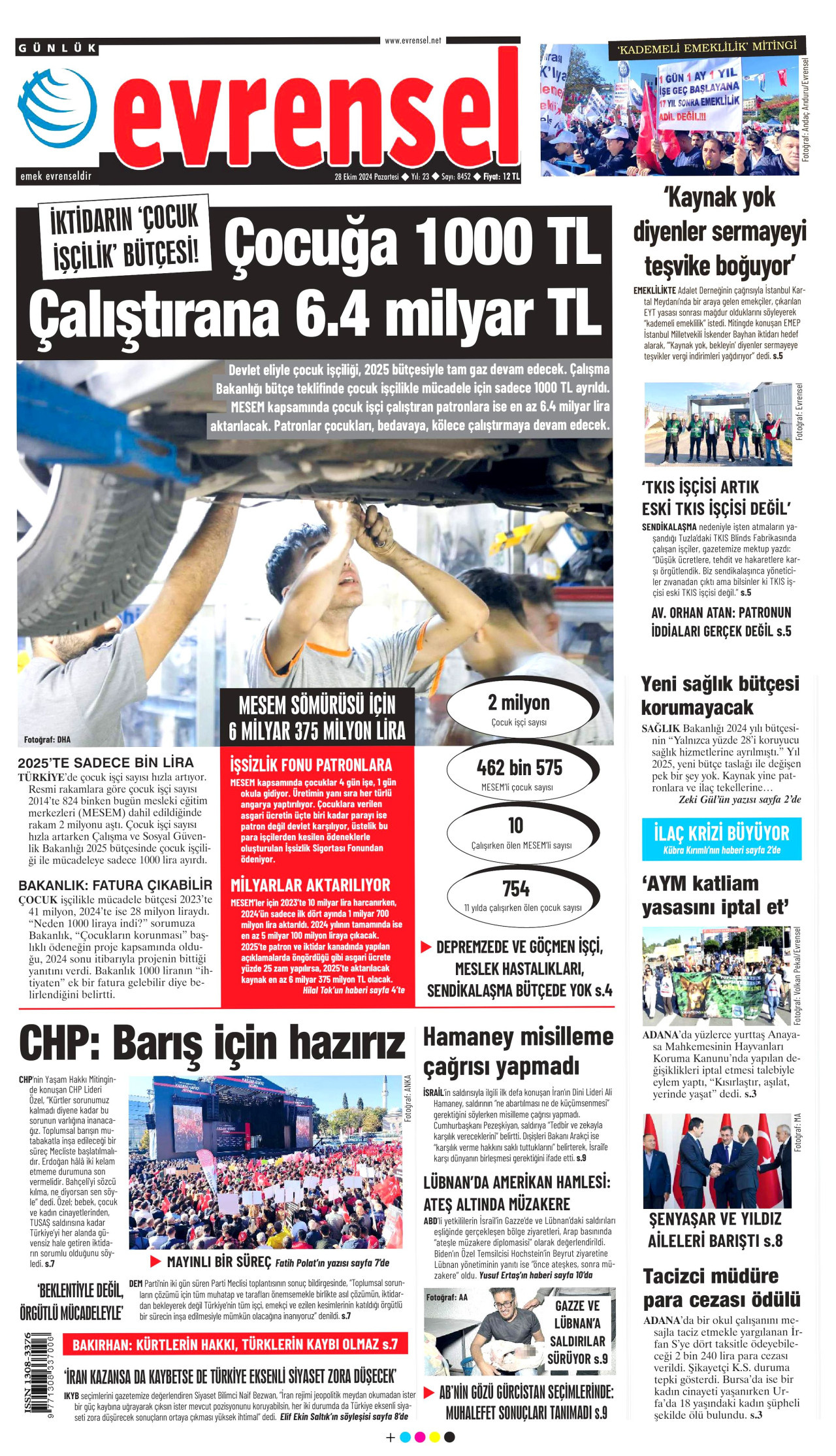 EVRENSEL gazetesinin 28 Ekim 2024 tarihli birinci sayfası