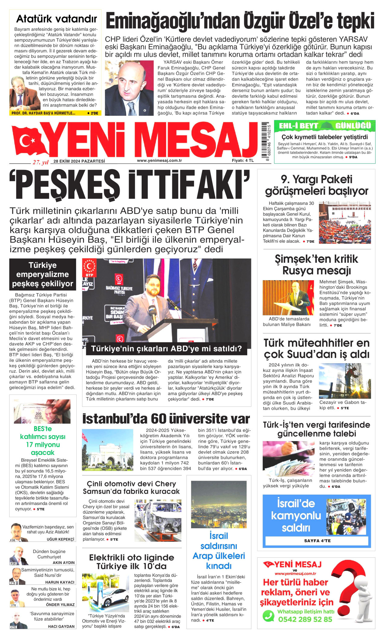 YENİ MESAJ gazetesinin 28 Ekim 2024 tarihli birinci sayfası