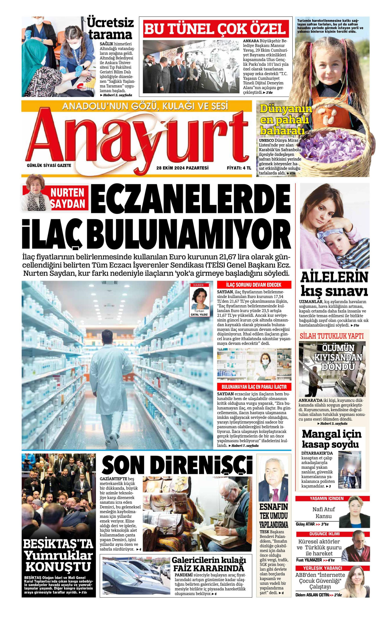 ANAYURT gazetesinin 28 Ekim 2024 tarihli birinci sayfası