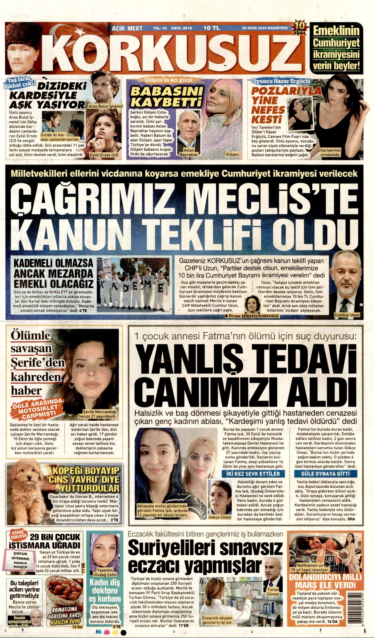 KORKUSUZ gazetesinin 28 Ekim 2024 tarihli birinci sayfası