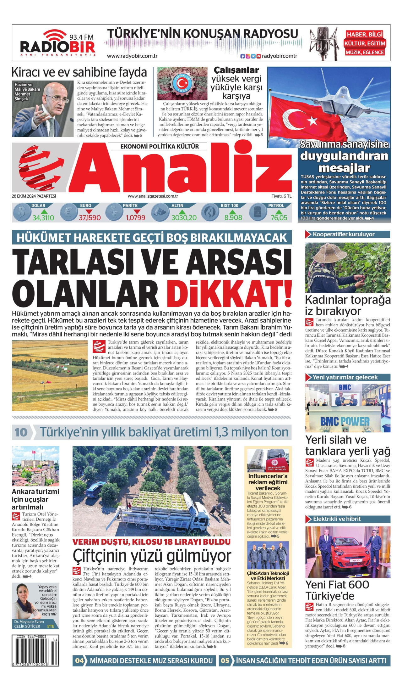 ANALİZ gazetesinin 28 Ekim 2024 tarihli birinci sayfası