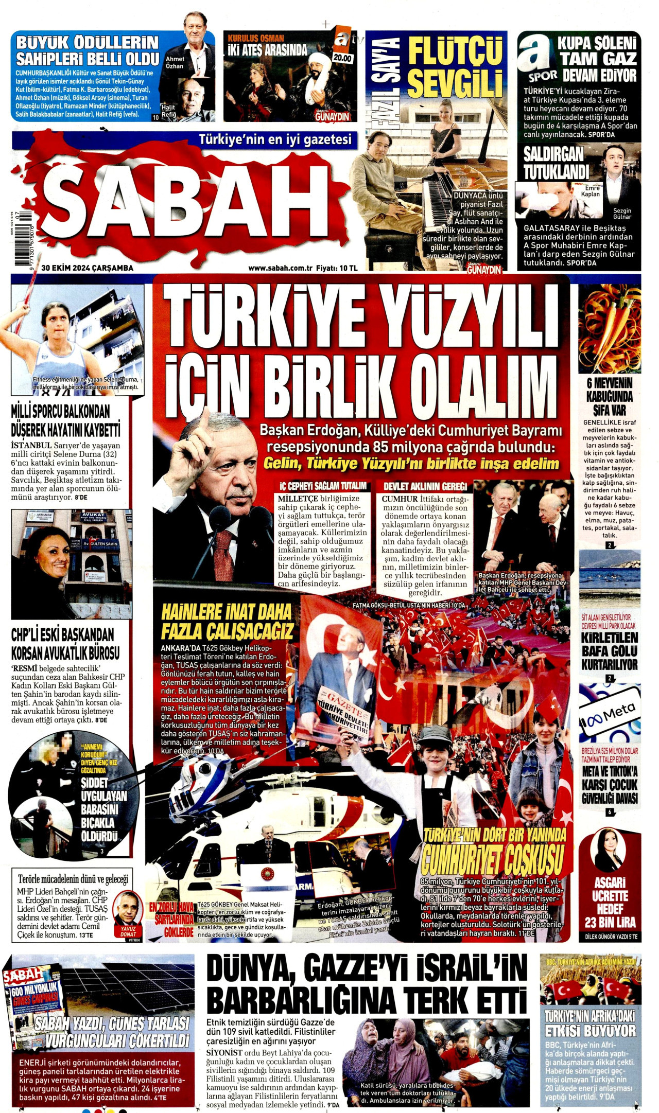 SABAH gazetesinin 30 Ekim 2024 tarihli birinci sayfası