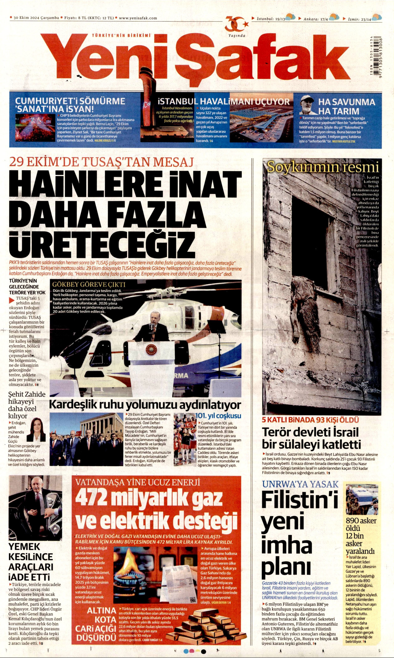 YENİ ŞAFAK gazetesinin 30 Ekim 2024 tarihli birinci sayfası