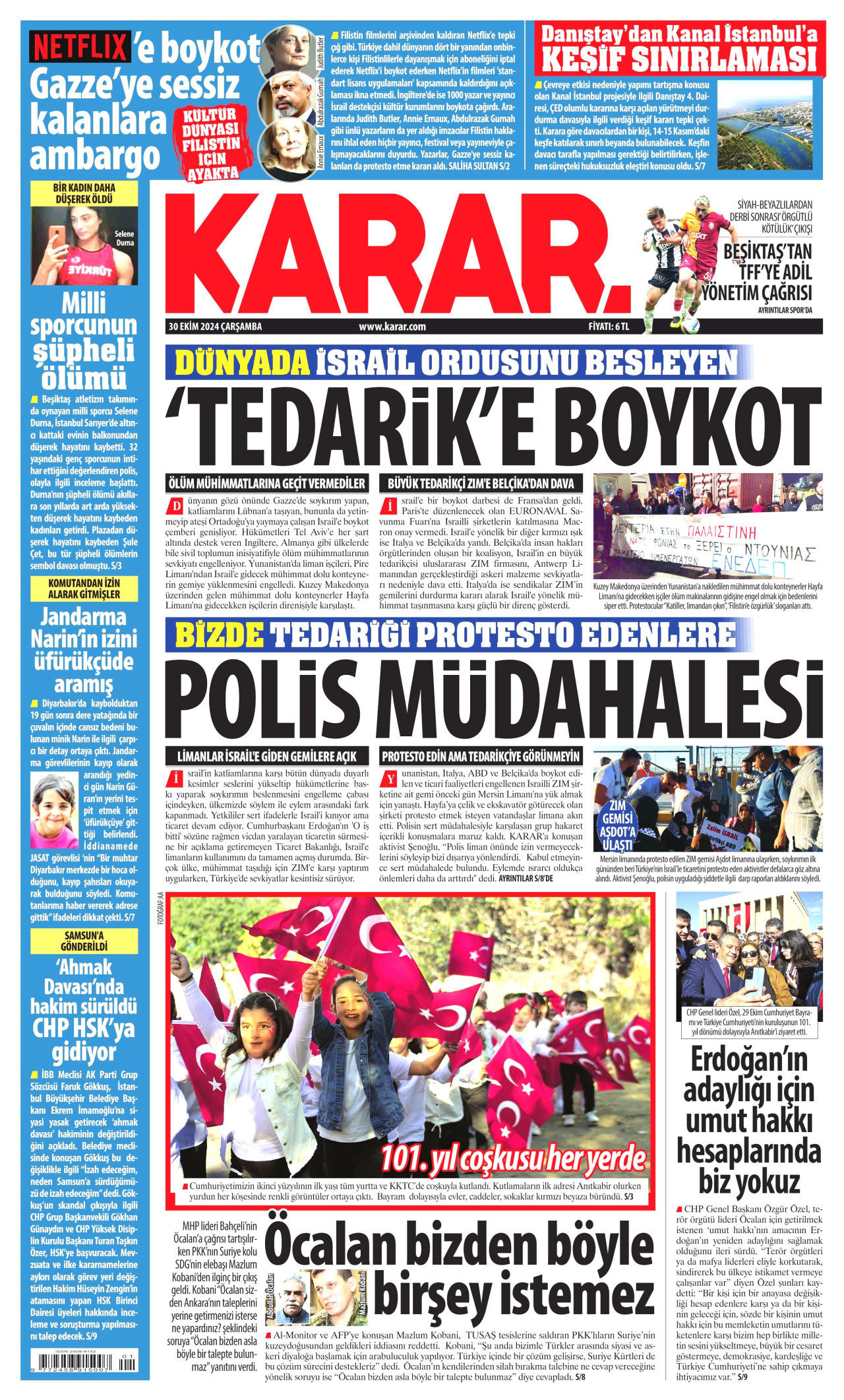 KARAR gazetesinin 30 Ekim 2024 tarihli birinci sayfası