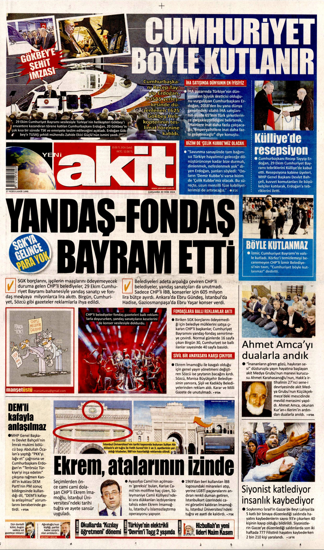 YENİ AKİT gazetesinin 30 Ekim 2024 tarihli birinci sayfası