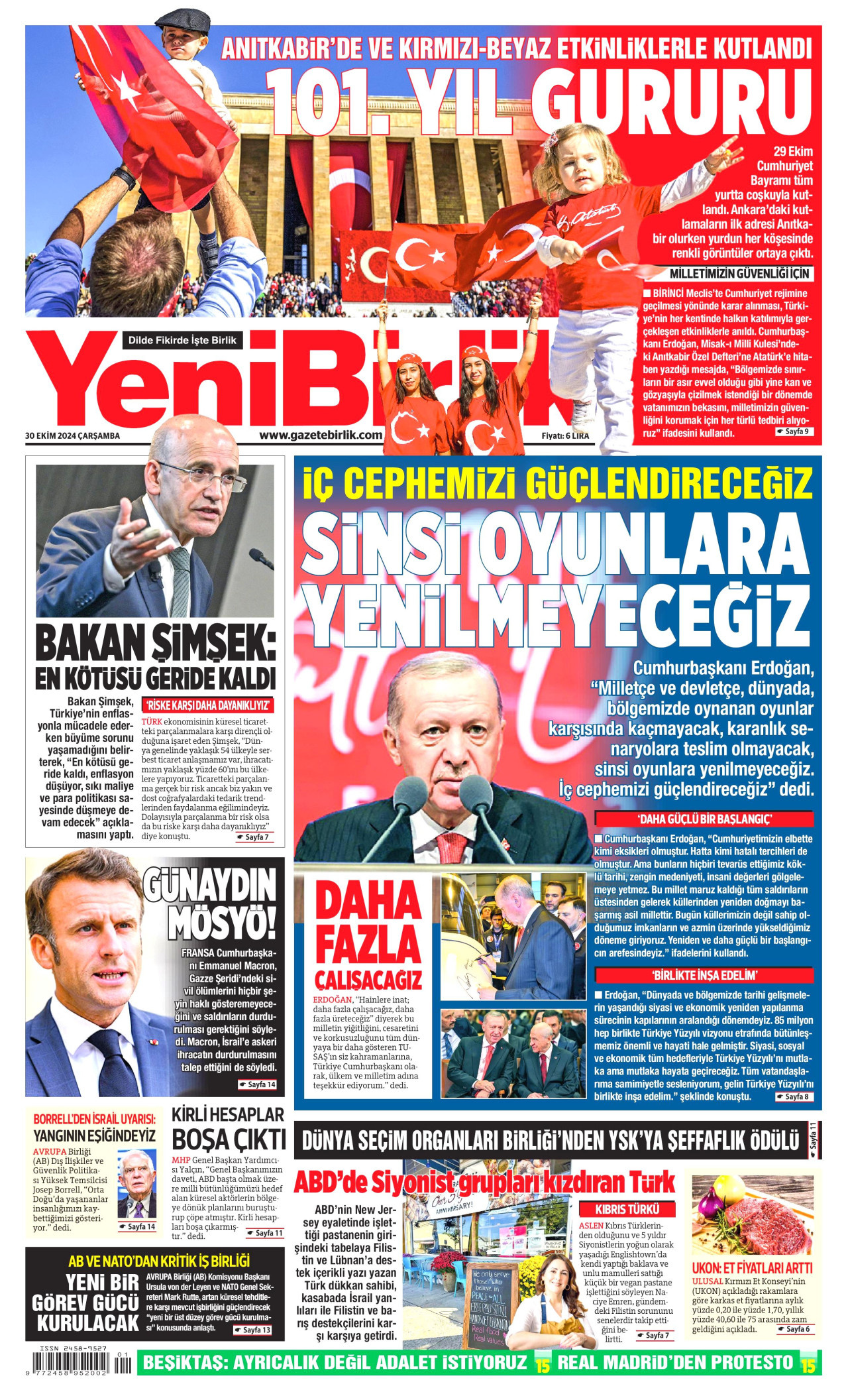 YENİBİRLİK gazetesinin 30 Ekim 2024 tarihli birinci sayfası
