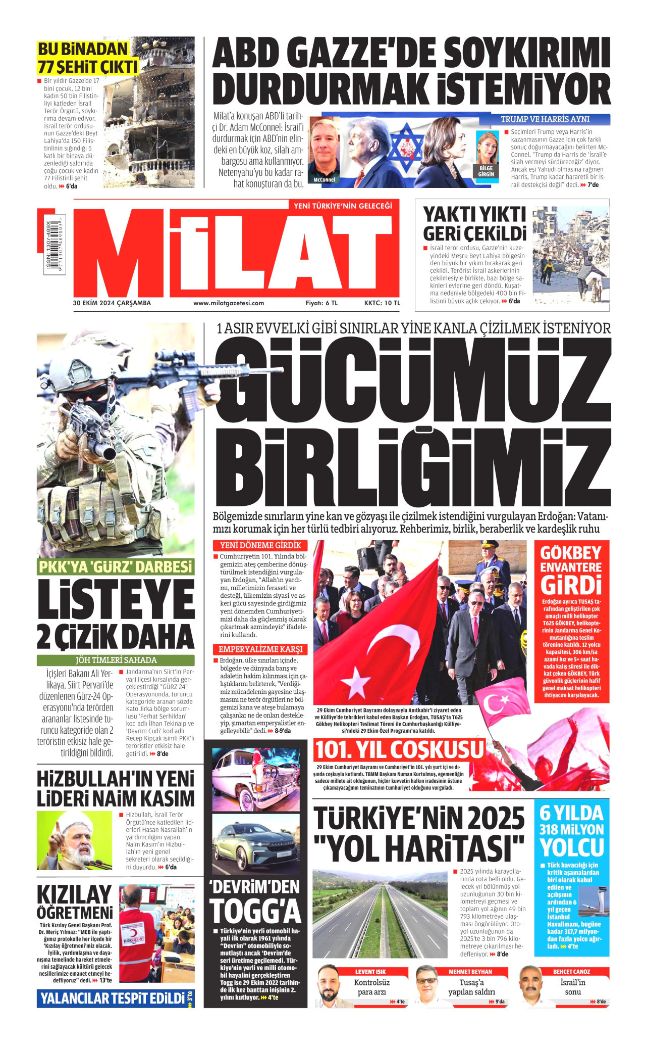 MİLAT gazetesinin 30 Ekim 2024 tarihli birinci sayfası