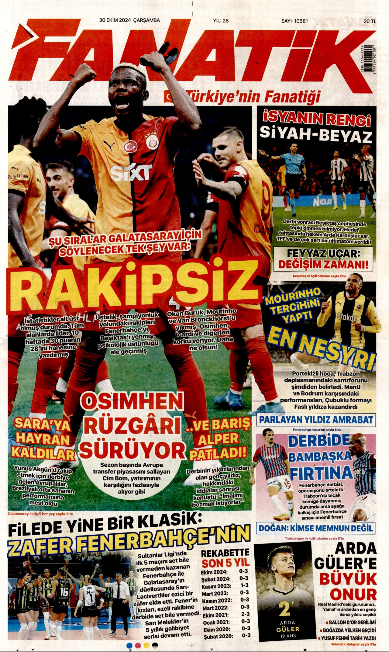 FANATİK gazetesinin 30 Ekim 2024 tarihli birinci sayfası