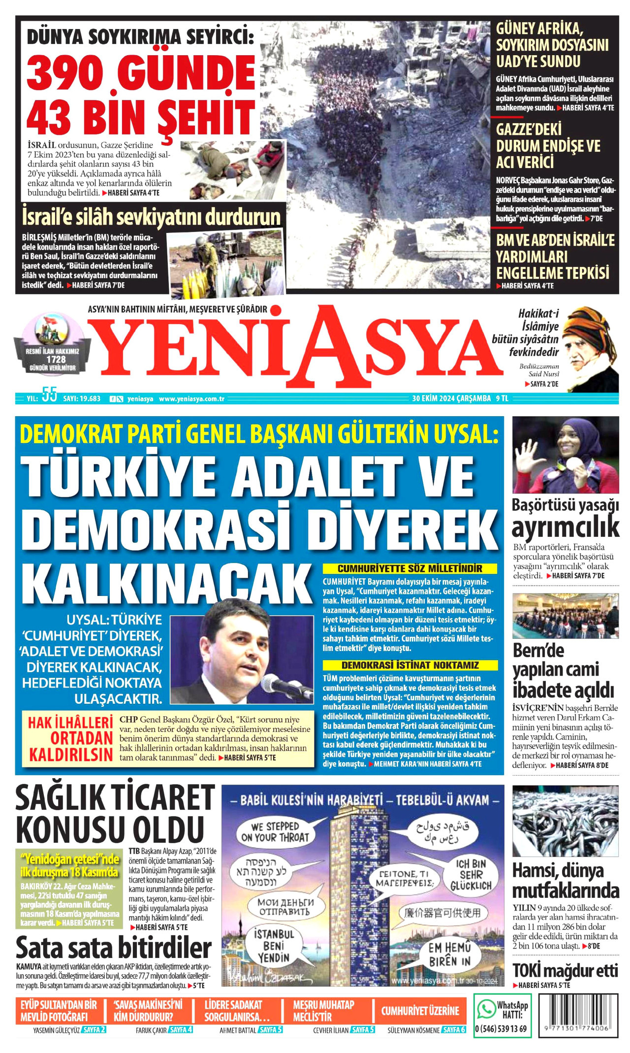 YENİ ASYA gazetesinin 30 Ekim 2024 tarihli birinci sayfası