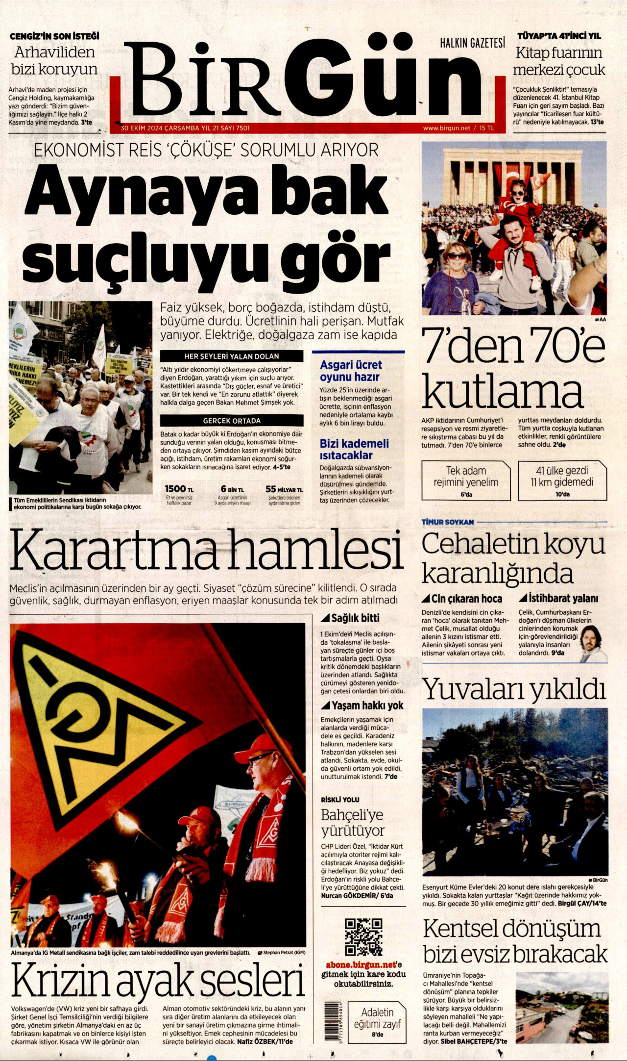 BİRGÜN gazetesinin 30 Ekim 2024 tarihli birinci sayfası
