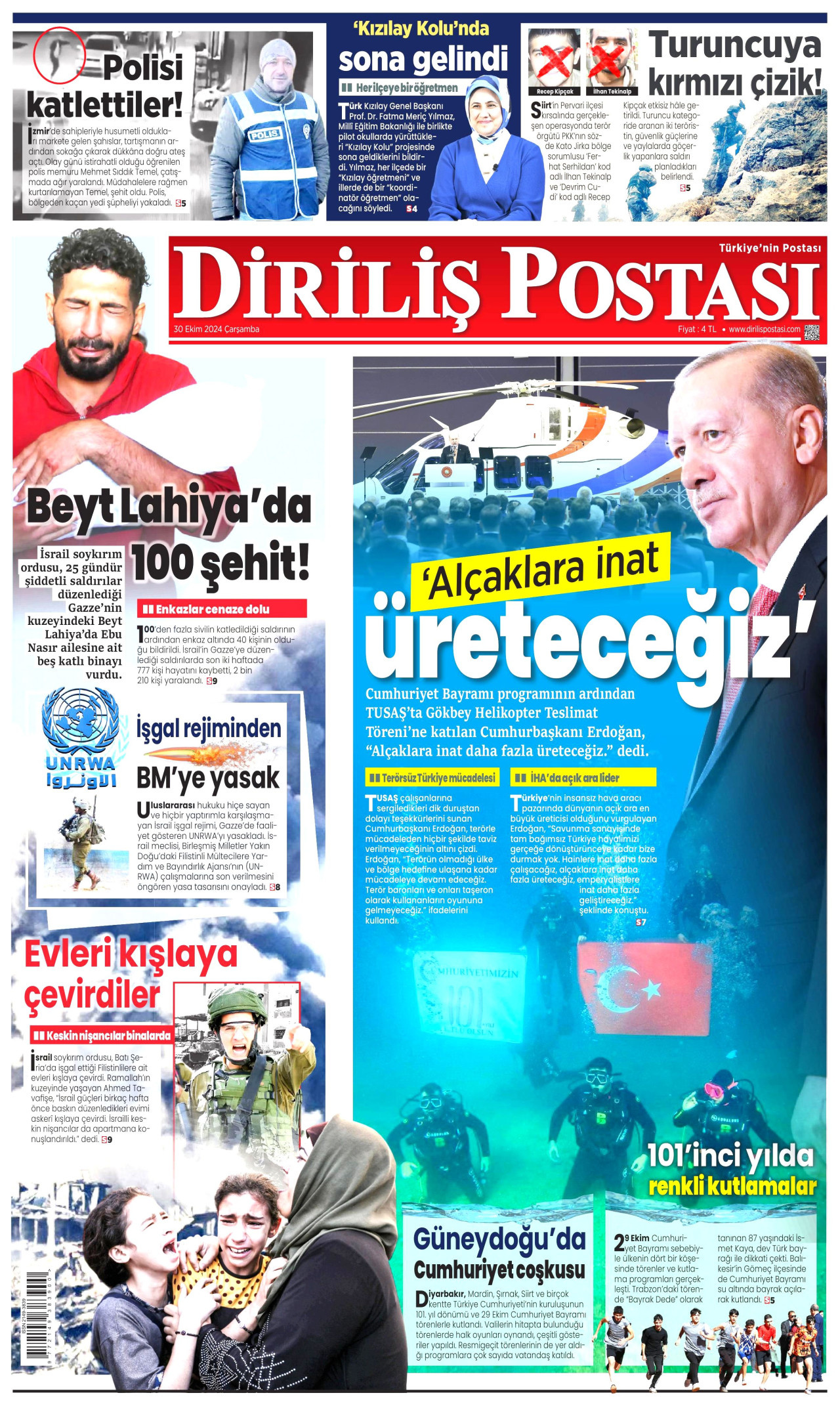 DİRİLİŞ POSTASI gazetesinin 30 Ekim 2024 tarihli birinci sayfası