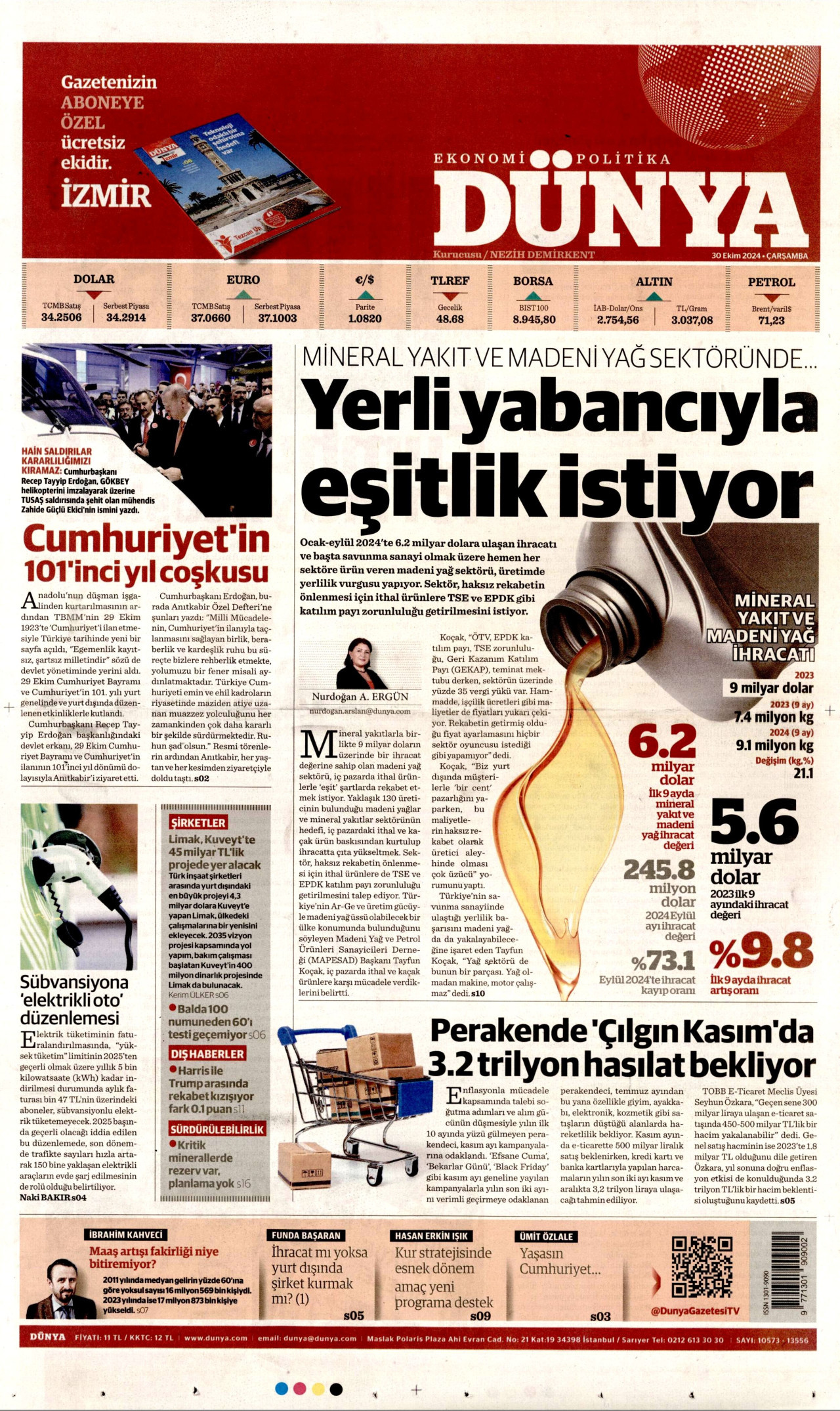 DÜNYA gazetesinin 30 Ekim 2024 tarihli birinci sayfası