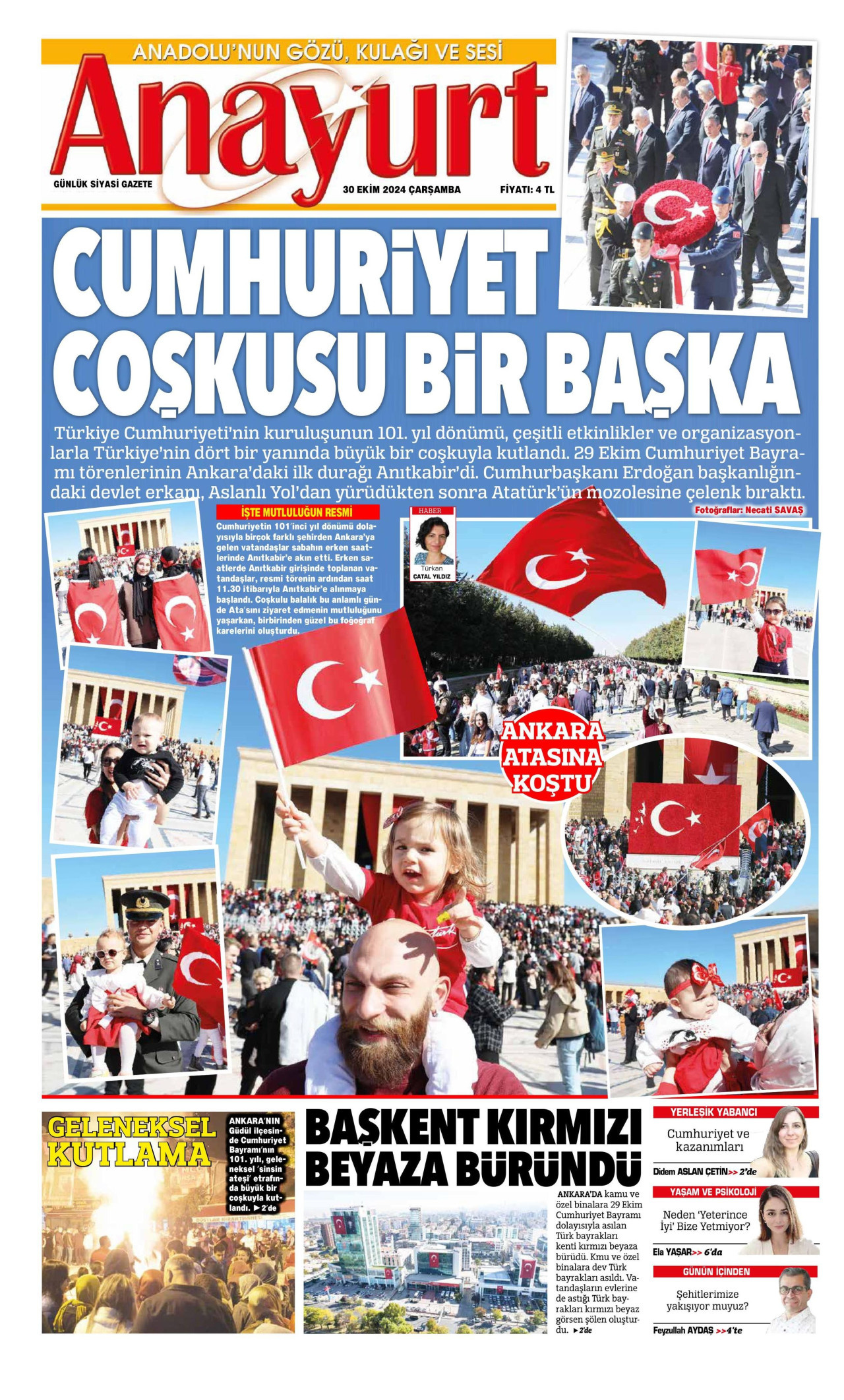 ANAYURT gazetesinin 30 Ekim 2024 tarihli birinci sayfası