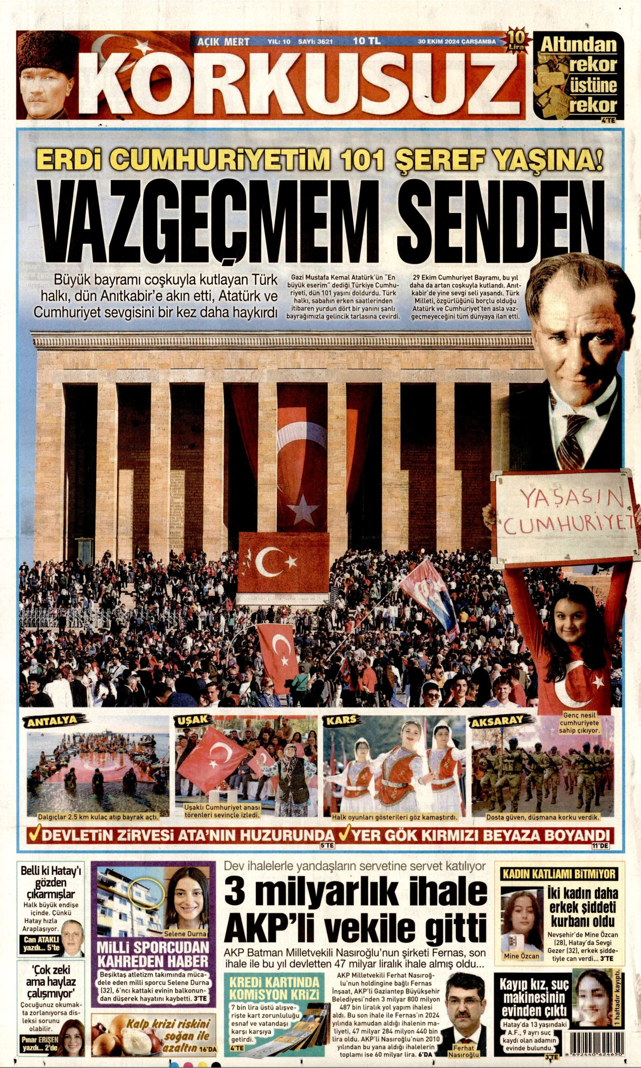KORKUSUZ gazetesinin 30 Ekim 2024 tarihli birinci sayfası