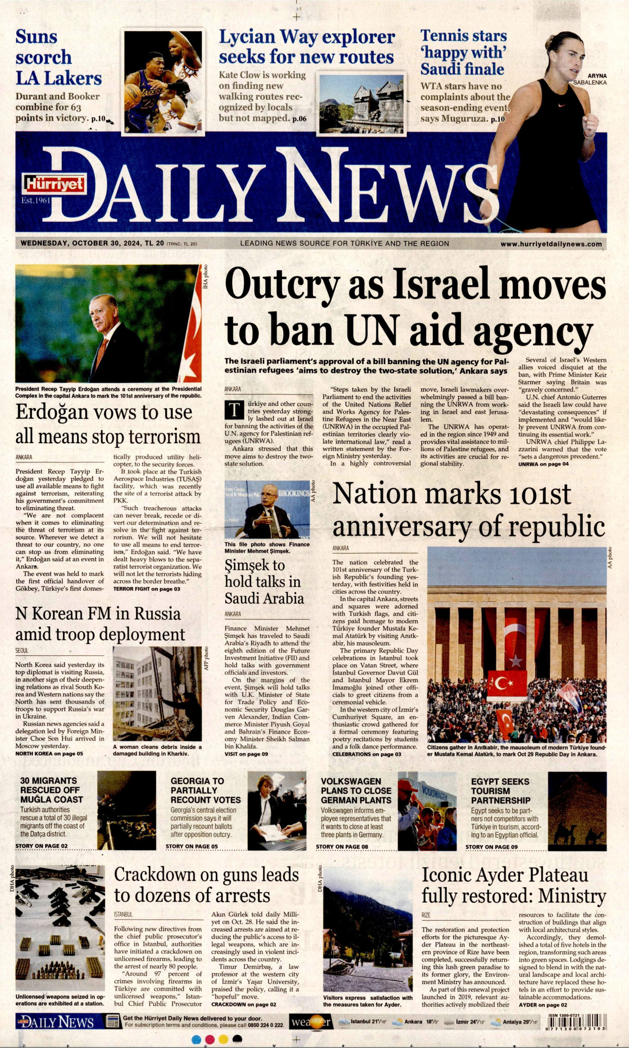 HÜRRİYET DAİLY NEWS gazetesinin 30 Ekim 2024 tarihli birinci sayfası