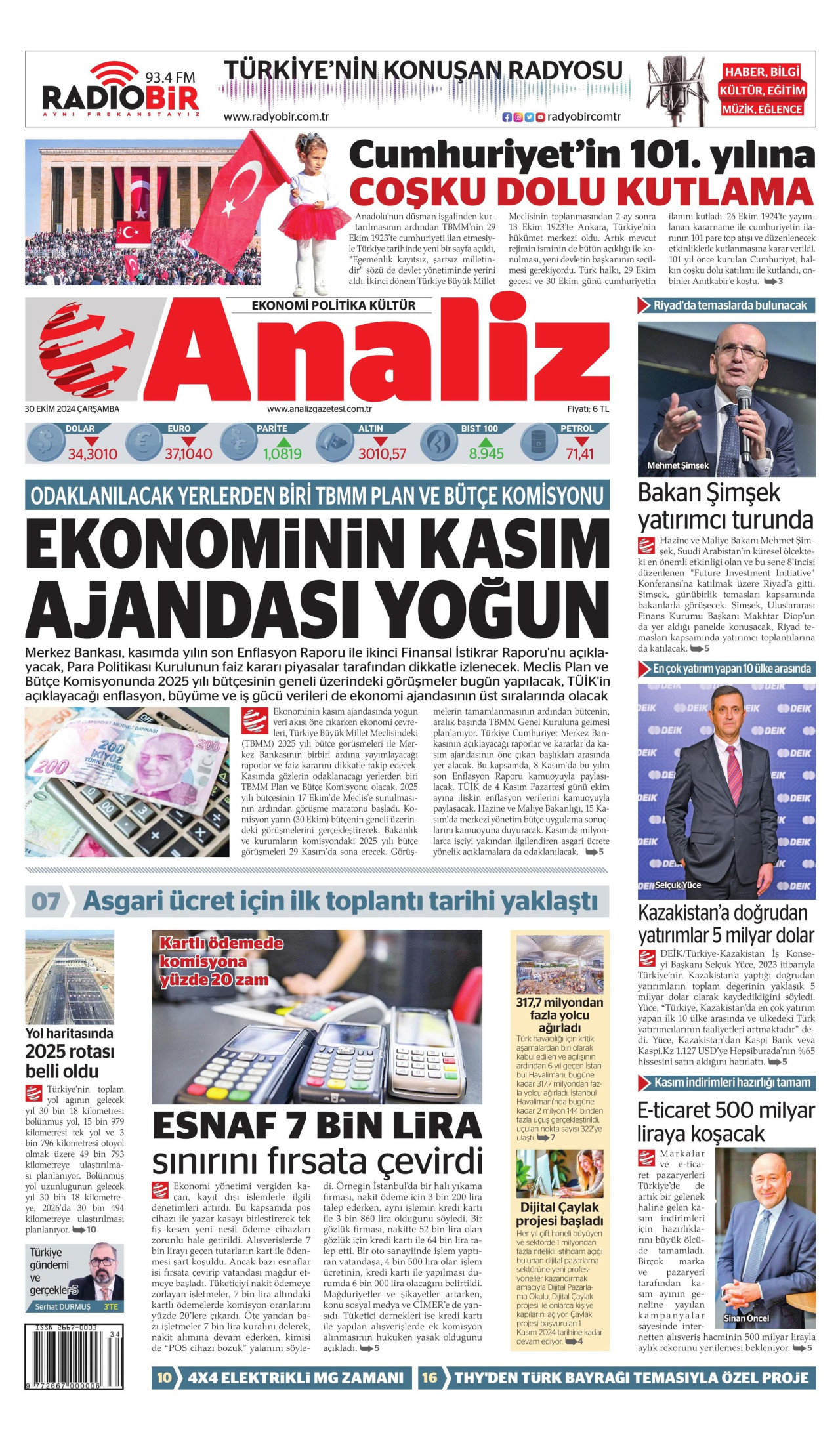 ANALİZ gazetesinin 30 Ekim 2024 tarihli birinci sayfası