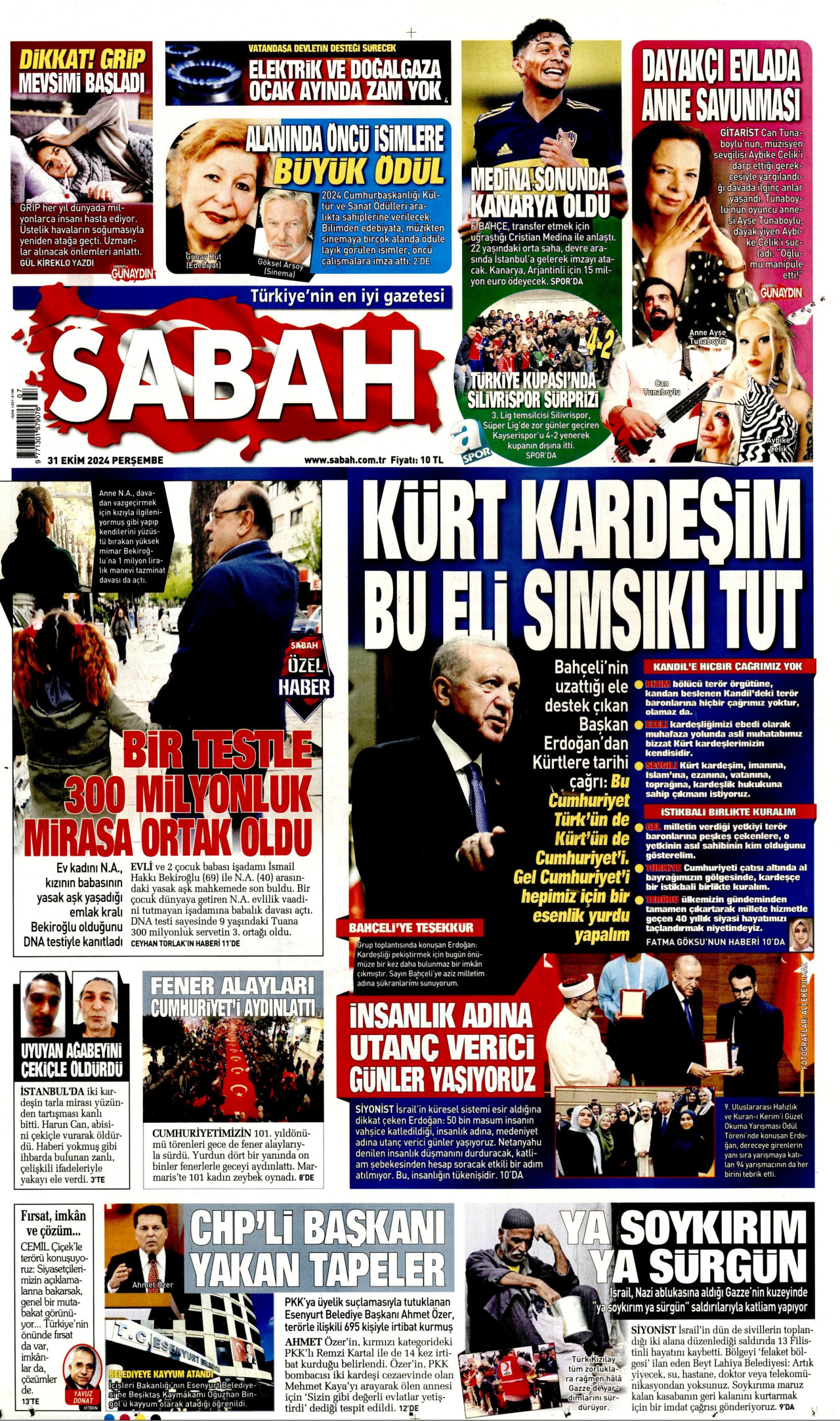 SABAH gazetesinin 31 Ekim 2024 tarihli birinci sayfası