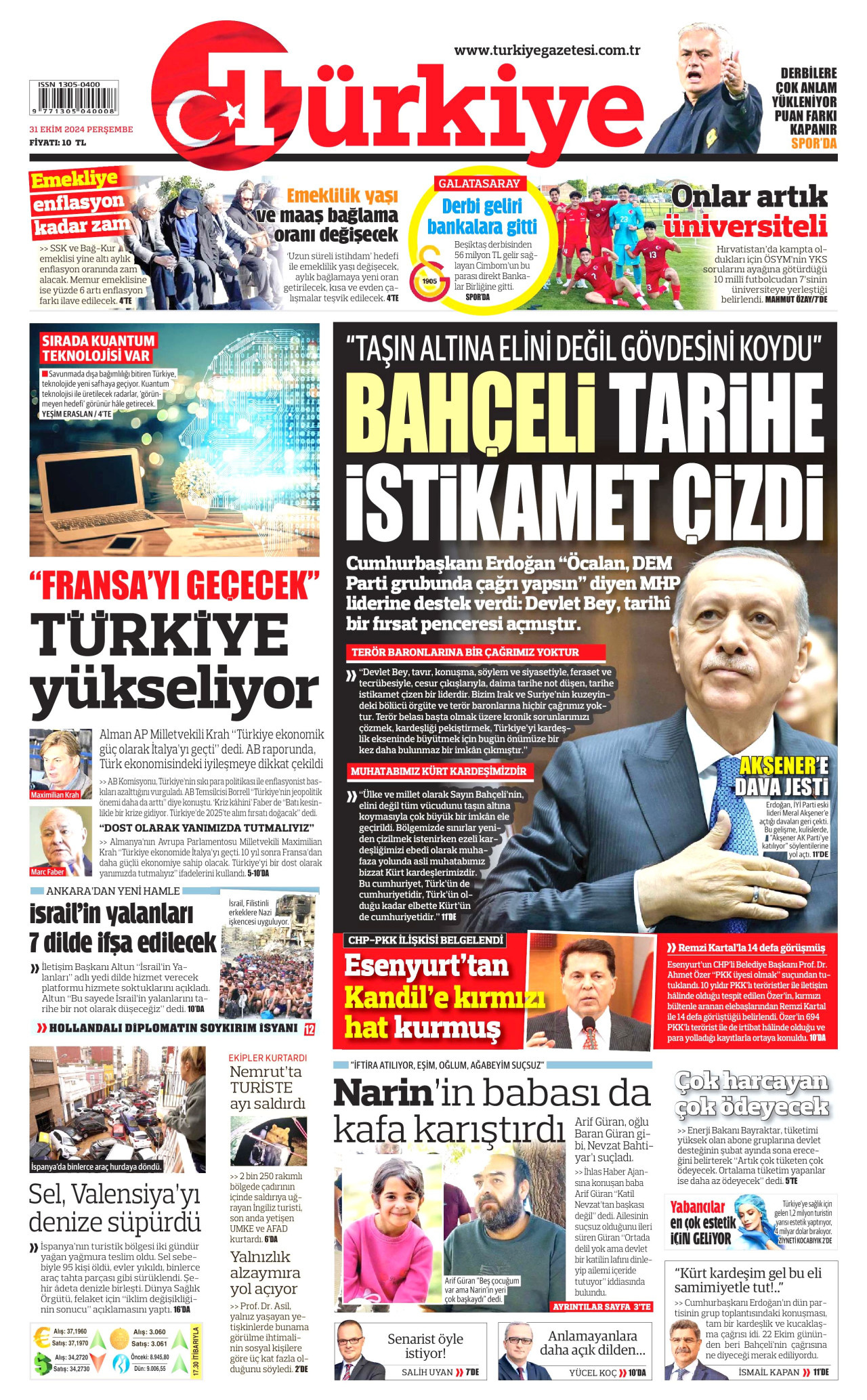 TÜRKİYE GAZETESİ gazetesinin 31 Ekim 2024 tarihli birinci sayfası