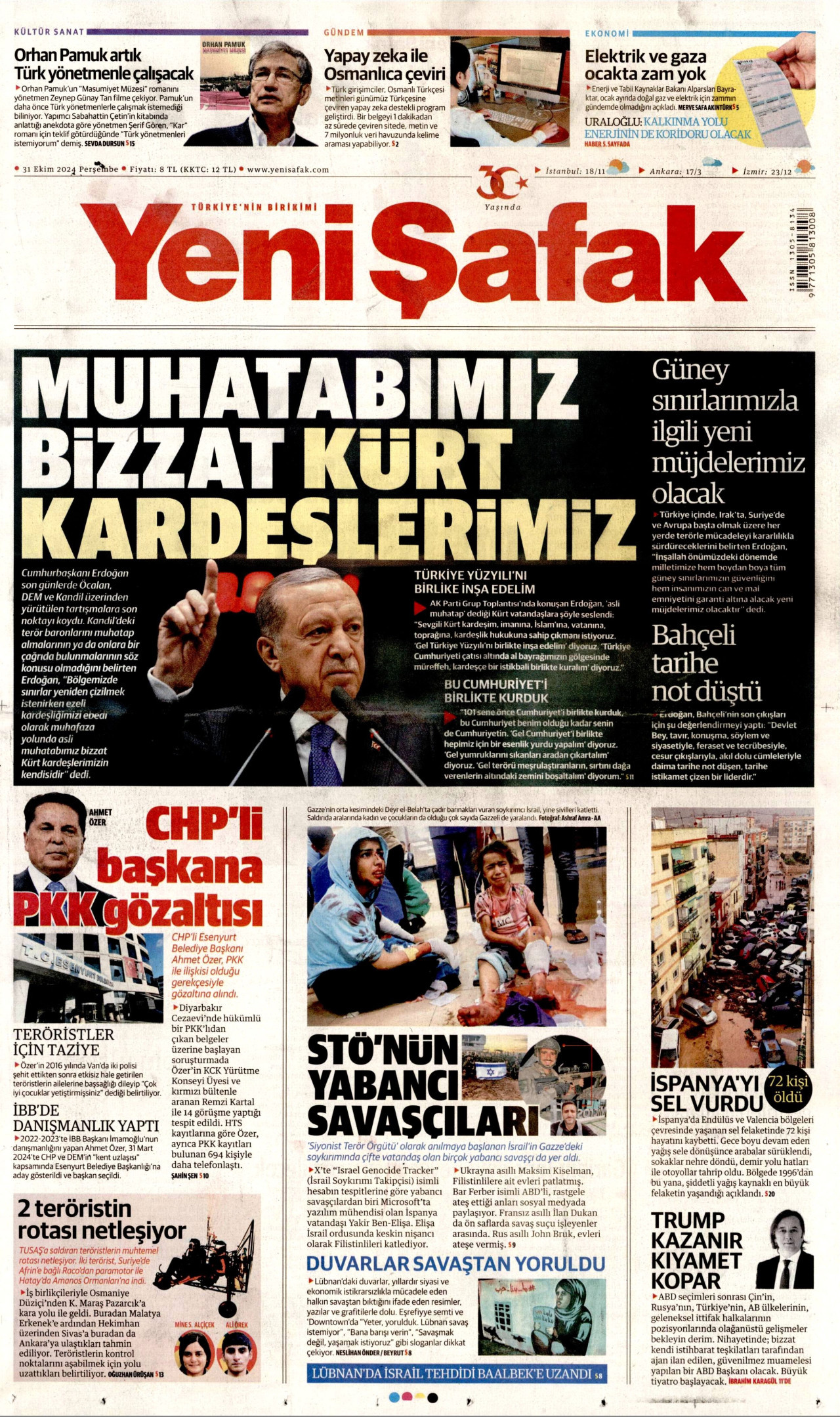 YENİ ŞAFAK gazetesinin 31 Ekim 2024 tarihli birinci sayfası