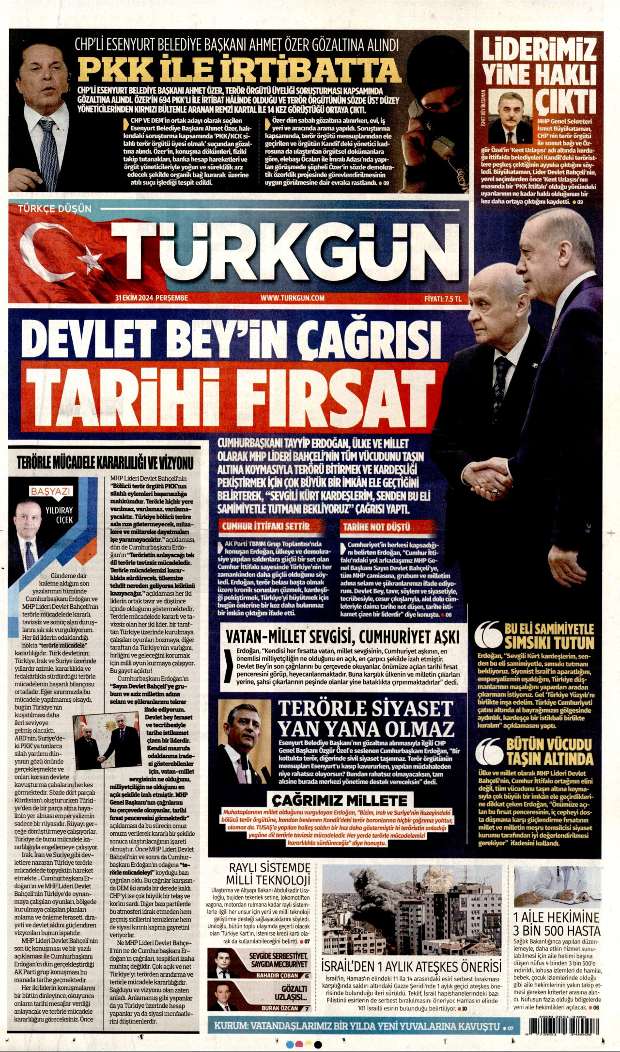 TÜRKGÜN gazetesinin 31 Ekim 2024 tarihli birinci sayfası