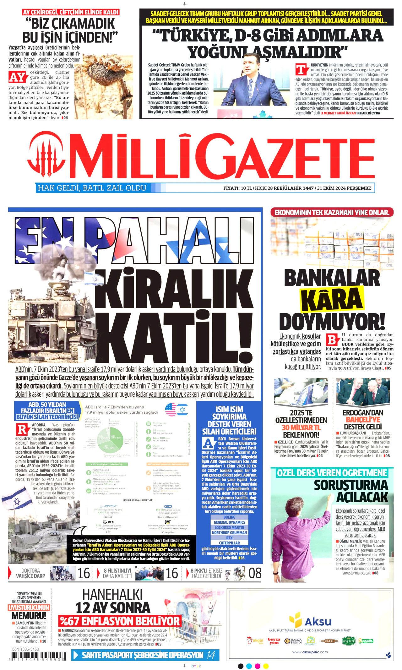 MİLLİ GAZETE gazetesinin 31 Ekim 2024 tarihli birinci sayfası
