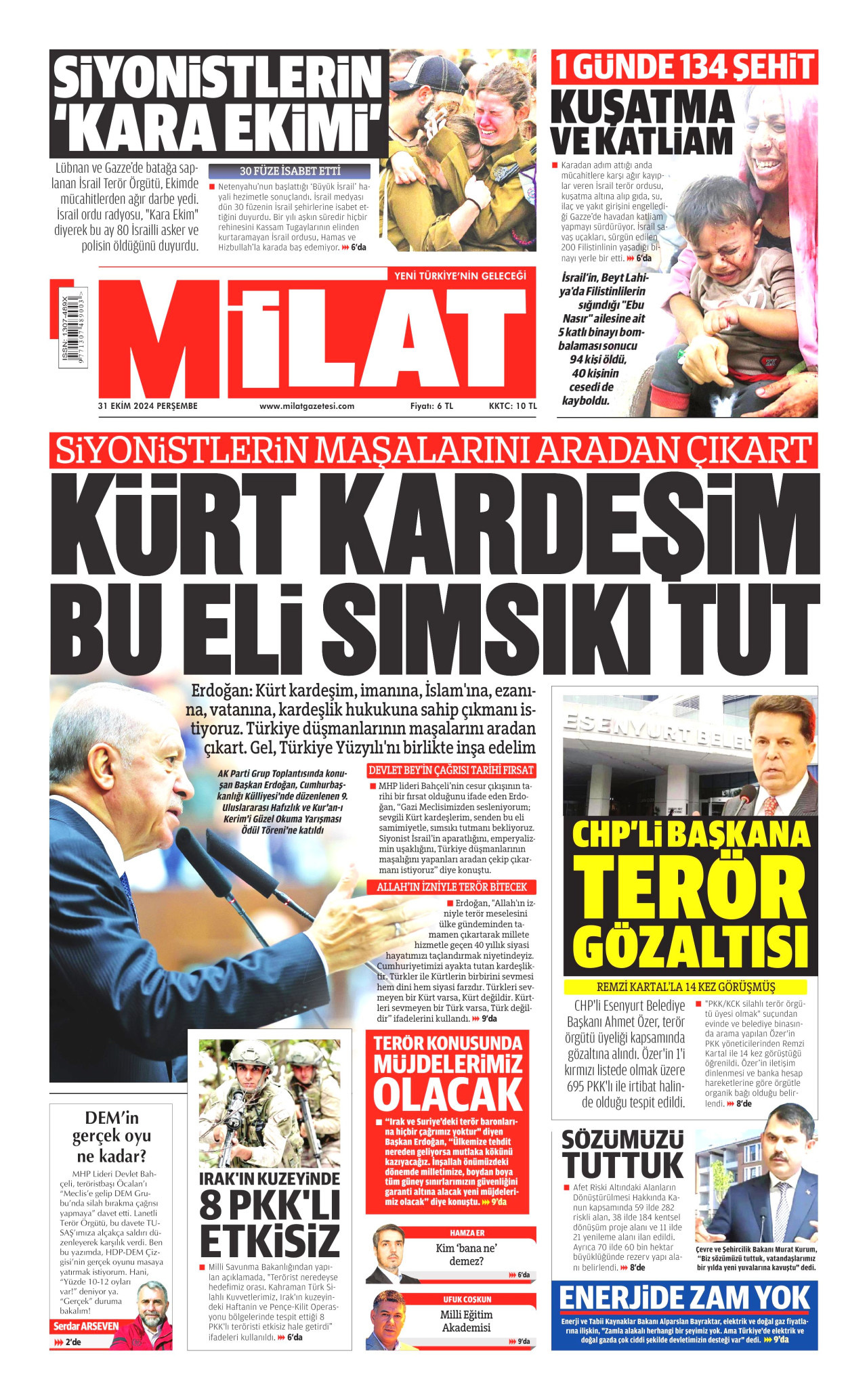 MİLAT gazetesinin 31 Ekim 2024 tarihli birinci sayfası