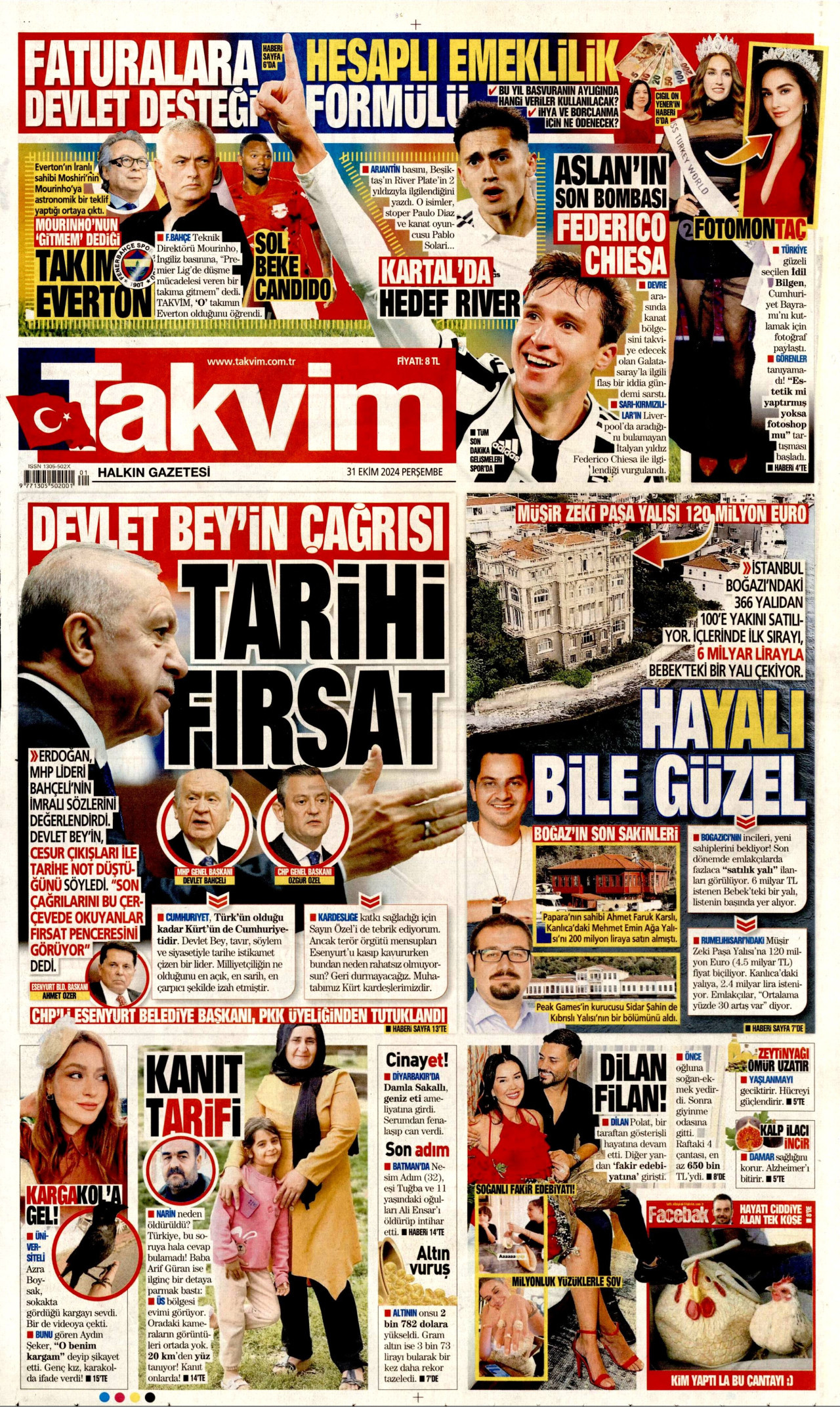 TAKVİM gazetesinin 31 Ekim 2024 tarihli birinci sayfası
