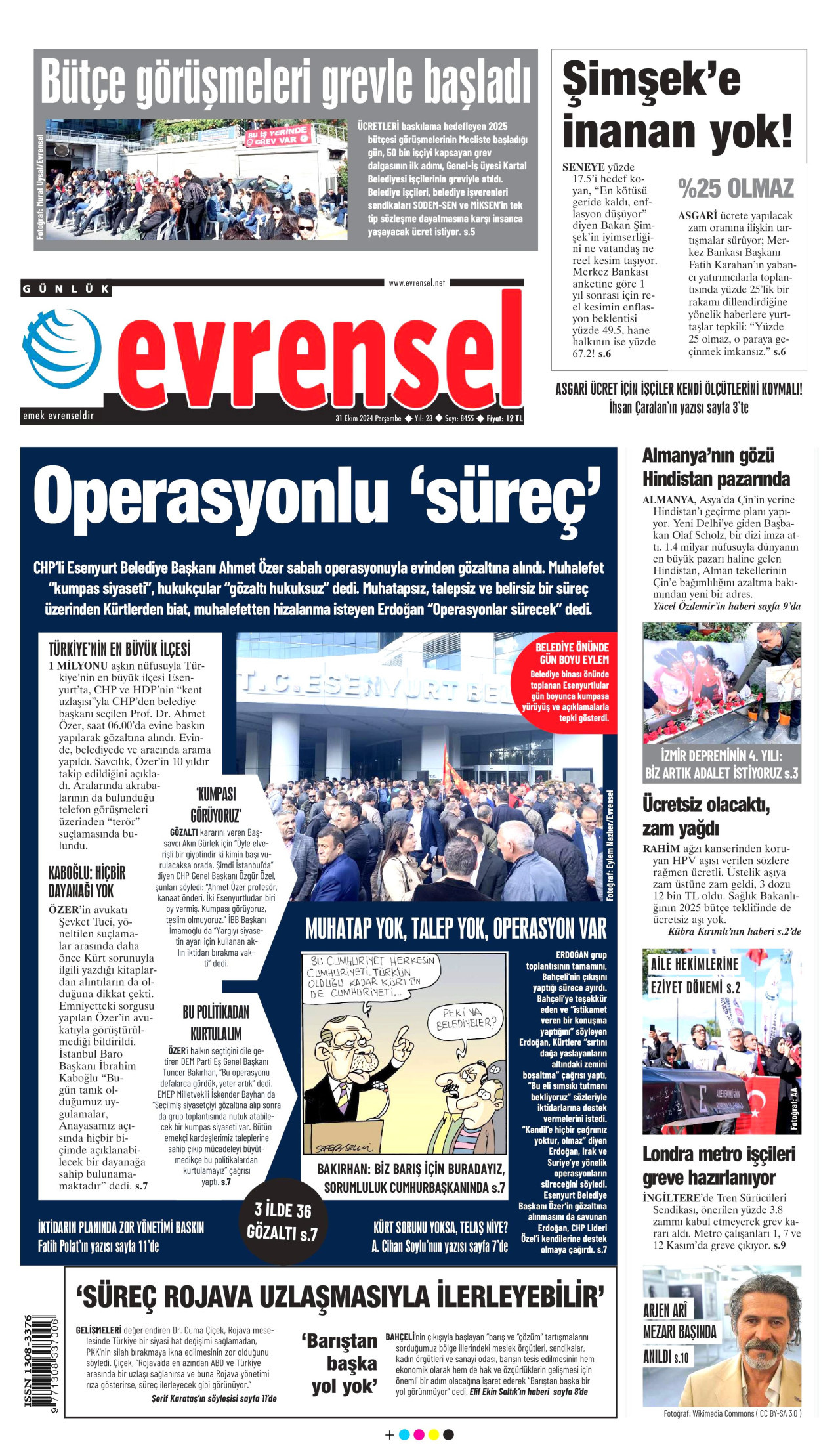 EVRENSEL gazetesinin 31 Ekim 2024 tarihli birinci sayfası